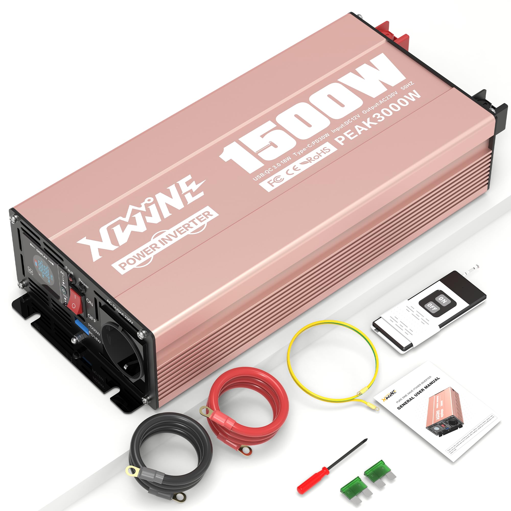 XWJNE Inverter 12V 220V/230V Onda Sinusoidale Pura 1500W, Convertitore di Tensione con Presa CA, Porte USB-A e USB-C, Display LCD, Telecomando 5M, per Camper, Camion, Casa e Emergenza