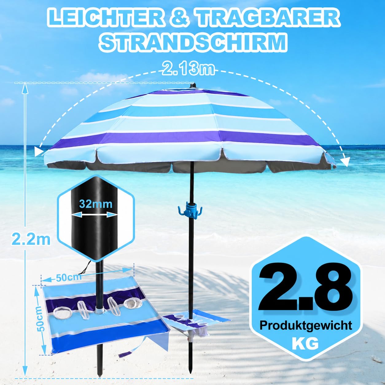 Ombrellone da spiaggia, Ø 213 cm, UV50 +, coefficiente di protezione solare, con tavolo e gancio e borsa per il trasporto, angolo di inclinazione e altezza regolabili, antivento, durevole, non