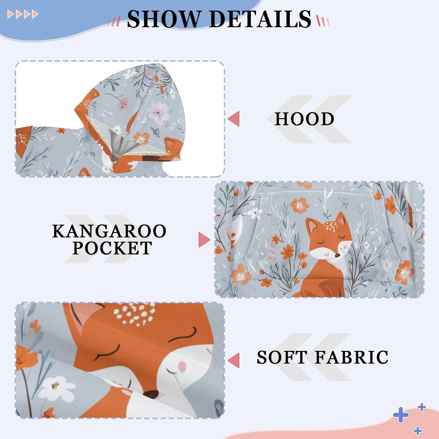 ZZXXB Fox Spring Florals Kids Sweatshirts Boys Girls Hooded Kangaroo Pocket Pullover Tops XS-XXL