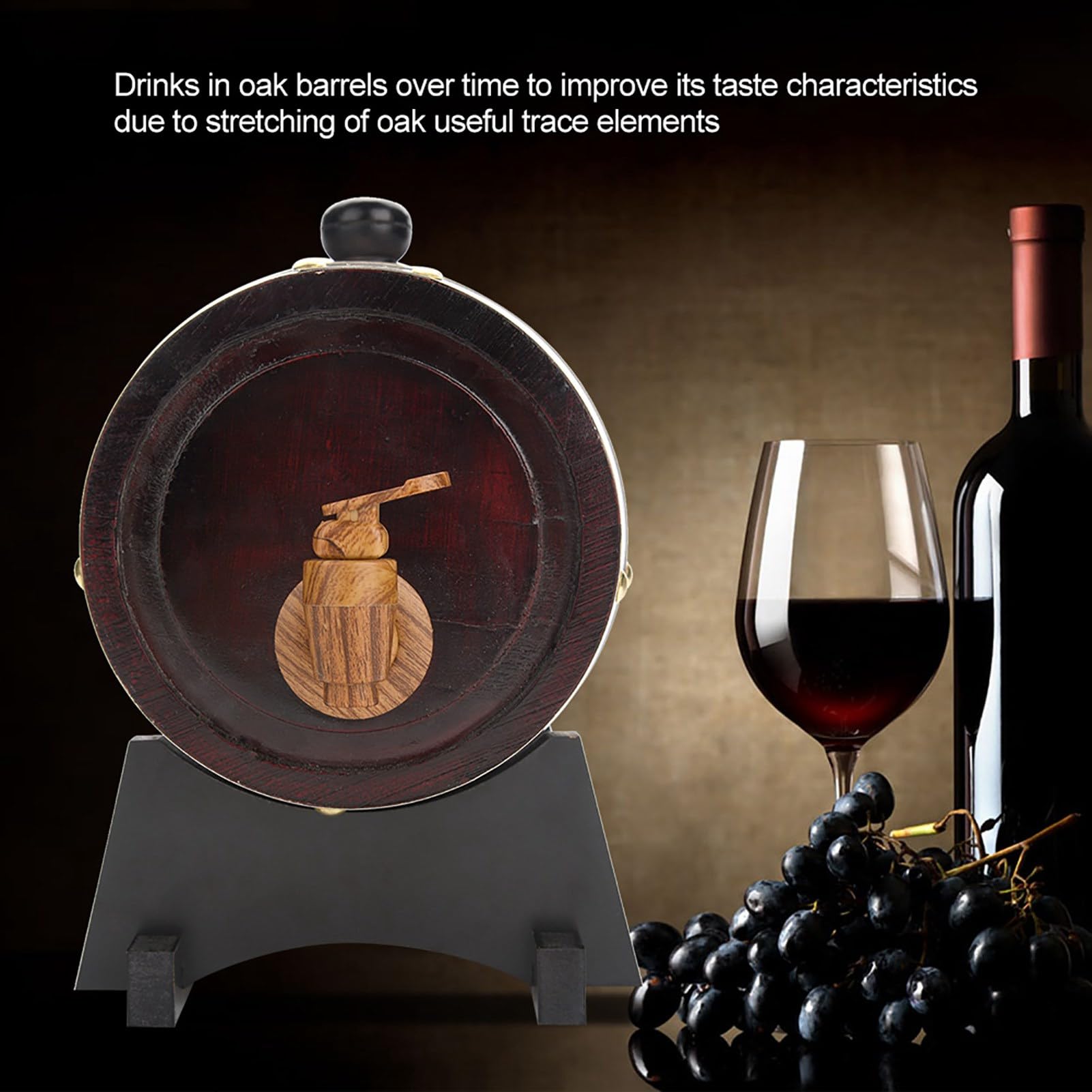 Ausla Botte di Rovere 1,5 Litri in Legno Vintage, Dispenser a Prova di Perdite con Supporto per Whisky Vino Bourbon, 20x13,8x19,5 cm