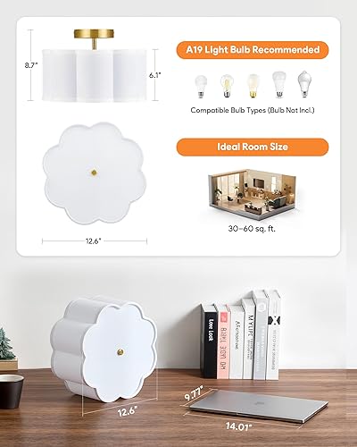 Miniatura 3 de VONLUCE Lámpara de techo semiempotrada, lámpara de techo de 12.6 pulgadas con pantalla de tela en forma de flor, lámpara moderna de 3 luces para