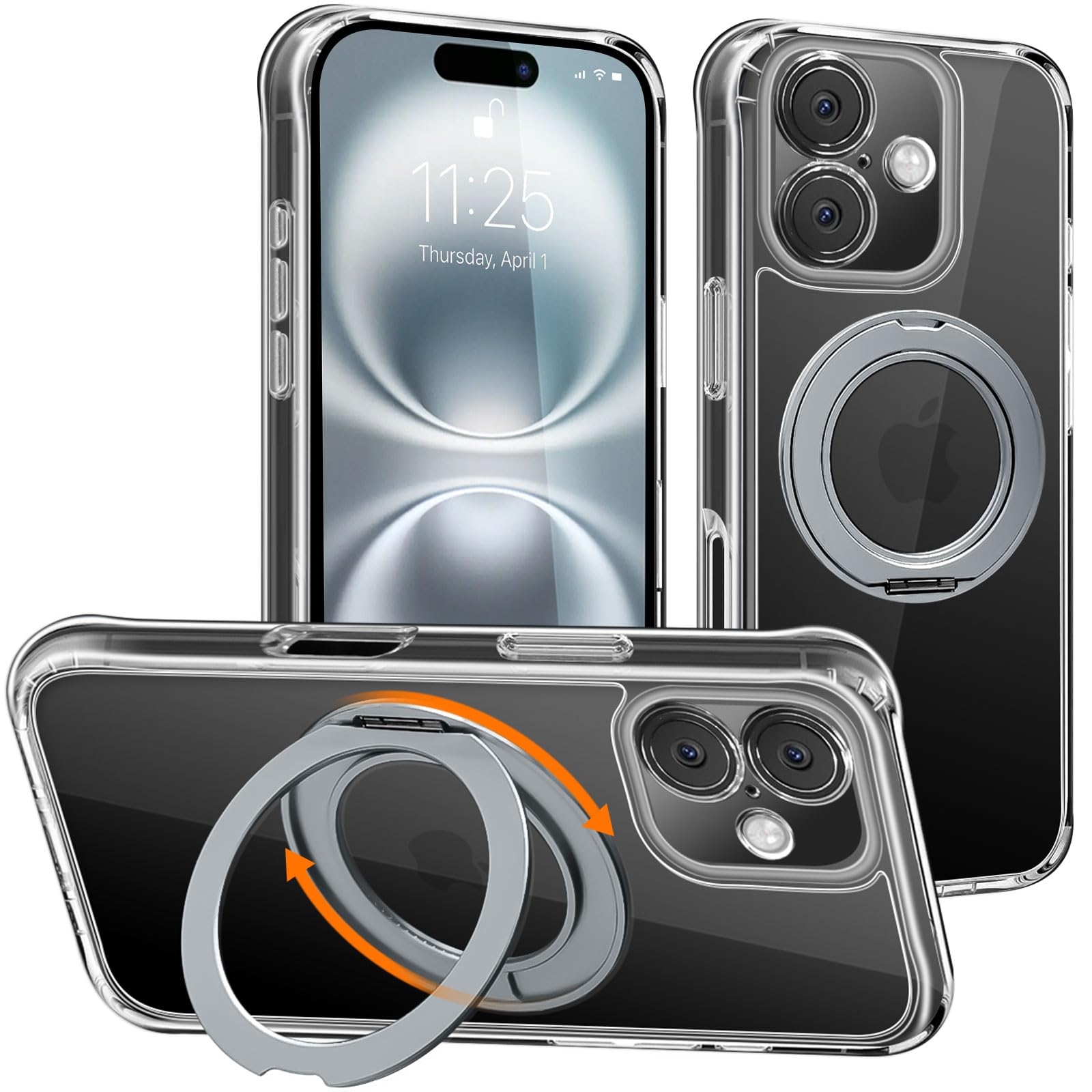 For iPhone 16用 ケース リング付き 360度回転 クリア MagSafe対応 耐衝撃 指紋防止 衝撃吸収 米軍MIL規格取得 隠しスタンド ワイヤレス充電対応 For アイフォン 16用