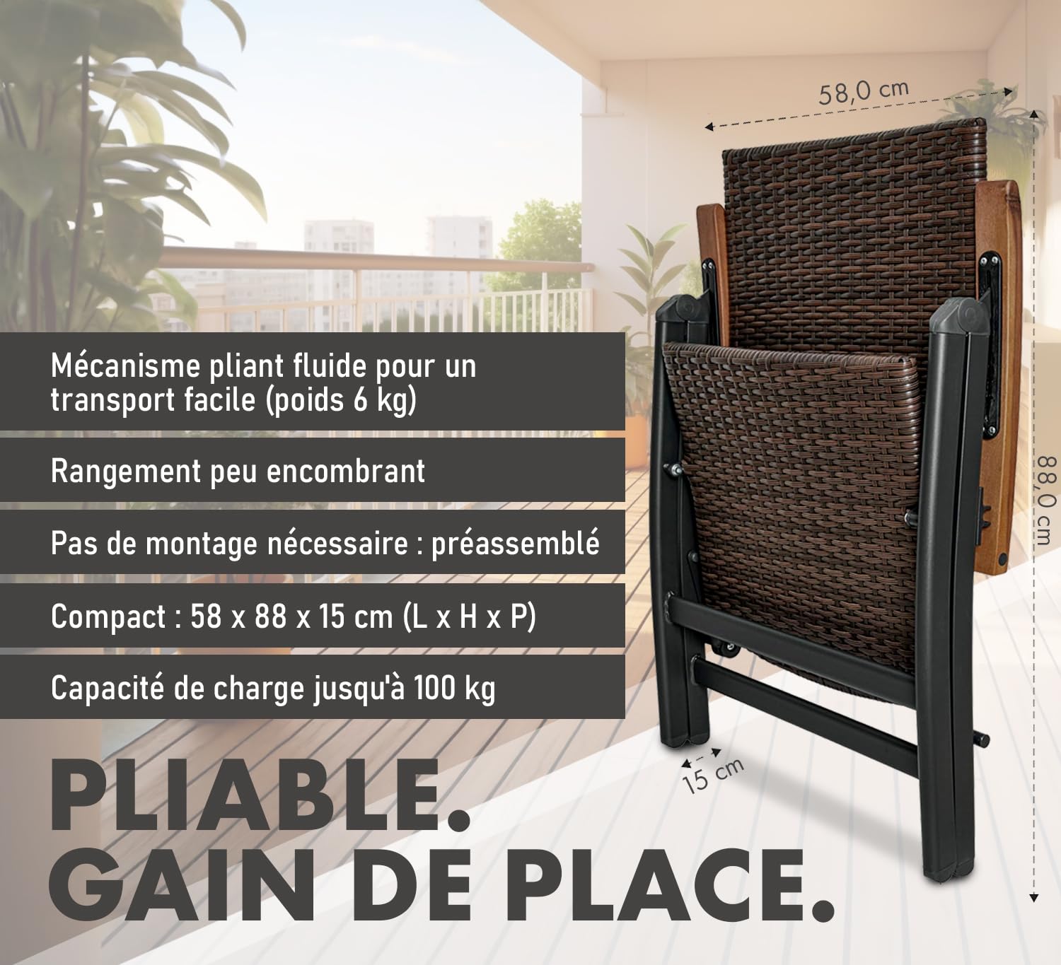 BRUBAKER Modena Chaise de Jardin Poly Rattan - Chaise à Dossier Haut réglable en 7 Positions - Rembourré - Imperméable - Métal - Gris/Brun