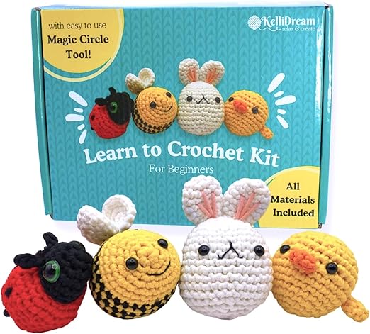 KelliDream Crochet Kit for Beginners w Magic Circle Tool; Learn to Crochet w Step-by-Step Video Tutorials; Crochet Supplies to Make Cute Crochet Animals (Bee Ladybug Bunny Chick)