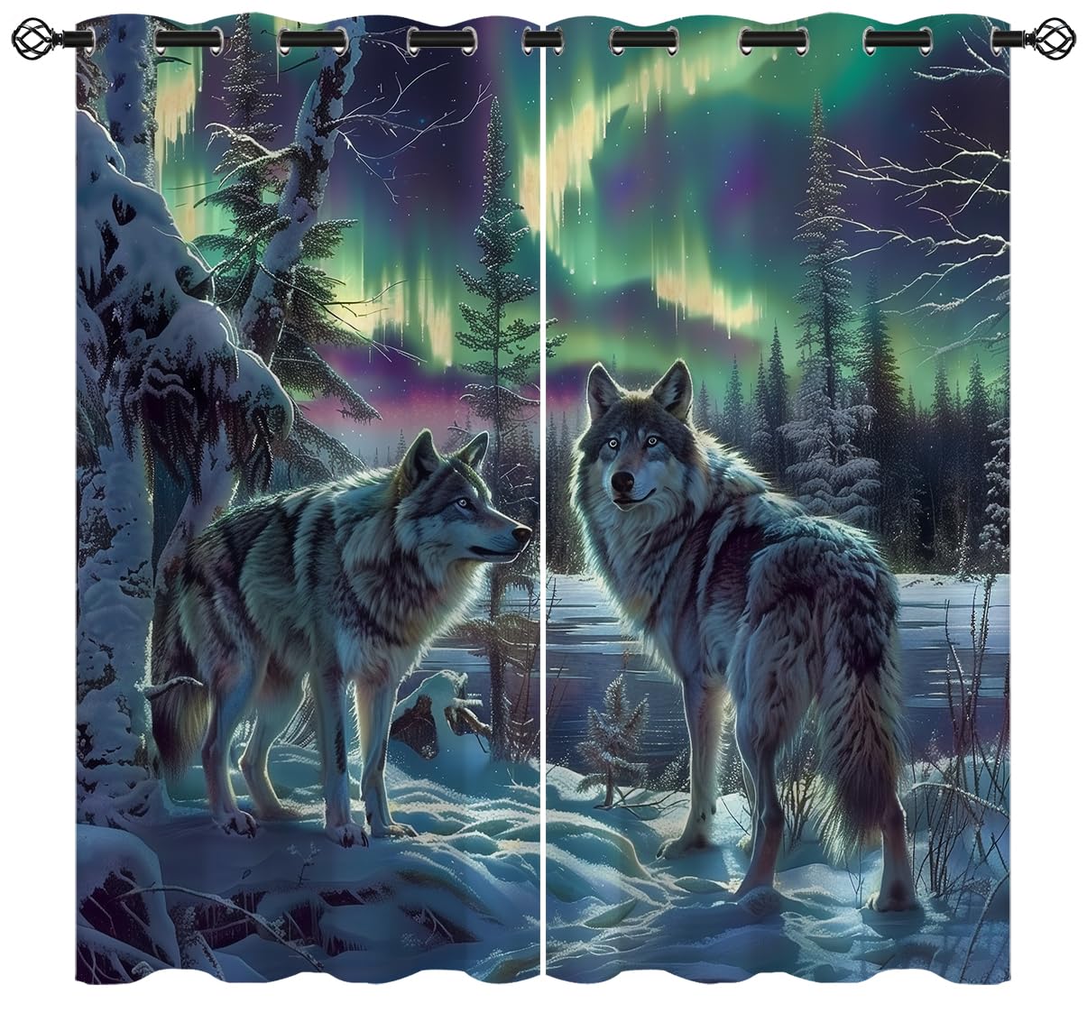 terxgrl Wolf Blackout Curtains for Girls Boy Home Decor, Aurora Northern Light Forest Wildlife Wolf Grommet Thermal Insulated Drapes Darkening Window