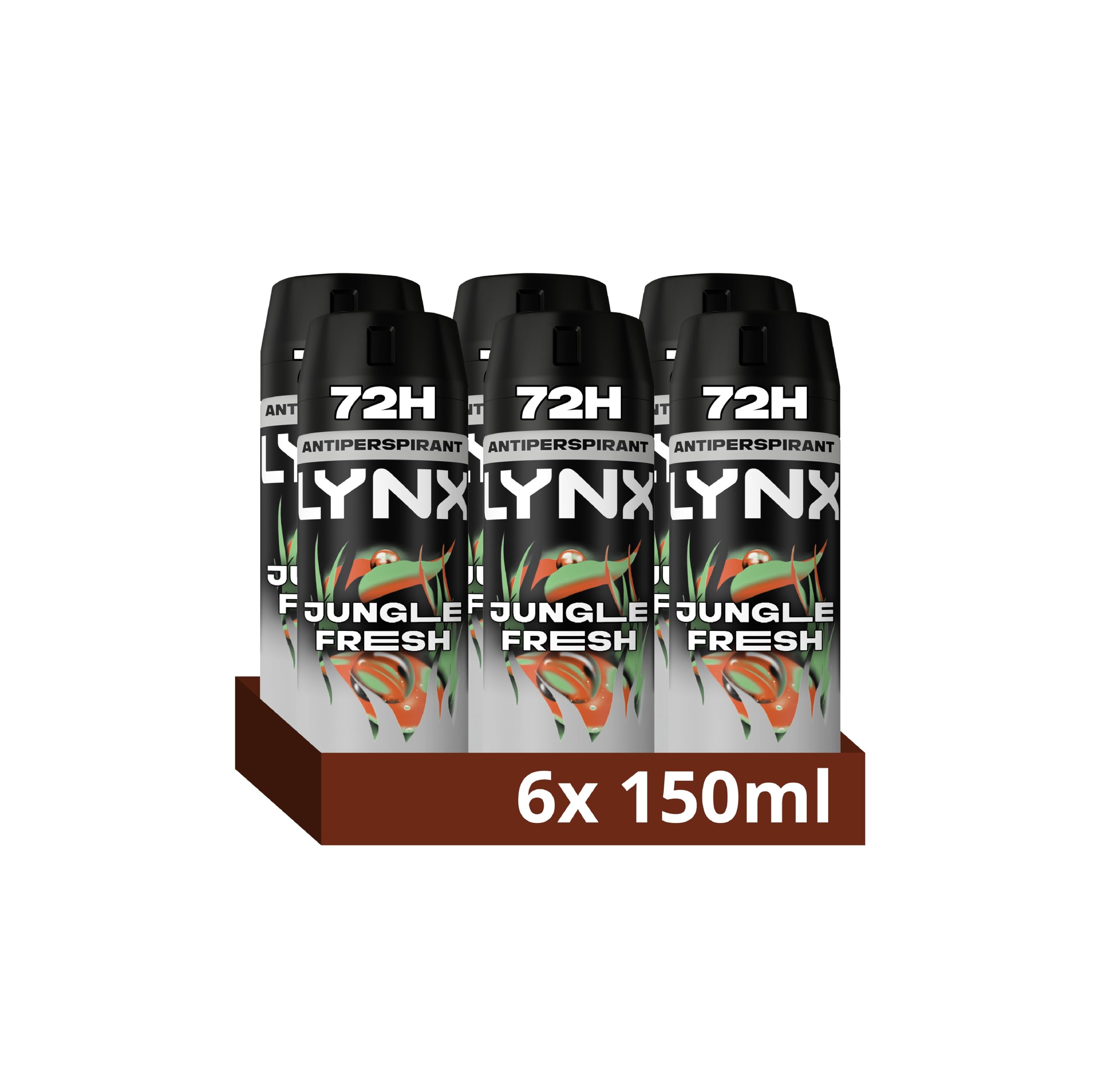 Lynx Jungle Fresh Anti-Perspirant Aerosol Men's Deodorant Spray with ProScent technology and a palm leaves & amber scent for 72 hours protection against odour and wetness 6x 150 ml