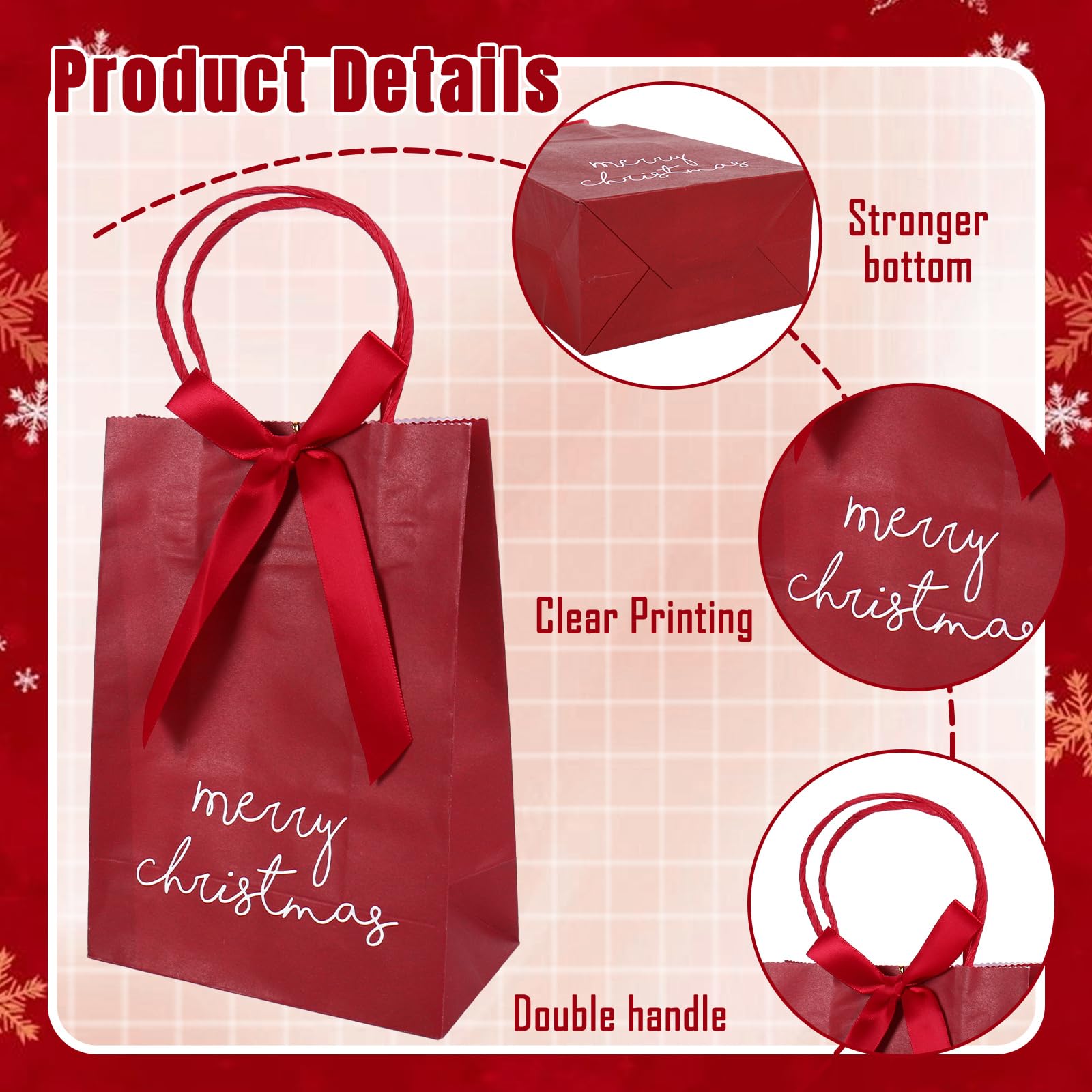 JarThenaAMCS 48 x Frohe Weihnachten Kraftpapiertüten mit Schleife, grün und rot, Leckerlibeutel mit Griffen, Süßigkeitenbeutel für den Winter, Weihnachten, Partyzubehör