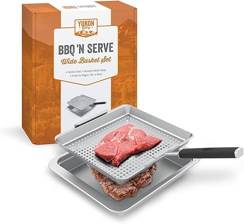 Yukon Glory BBQ 'N SERVE - Juego de cestas anchas Cesta para parrilla La cesta de parrilla incluye una bandeja para servir y un asa de clip