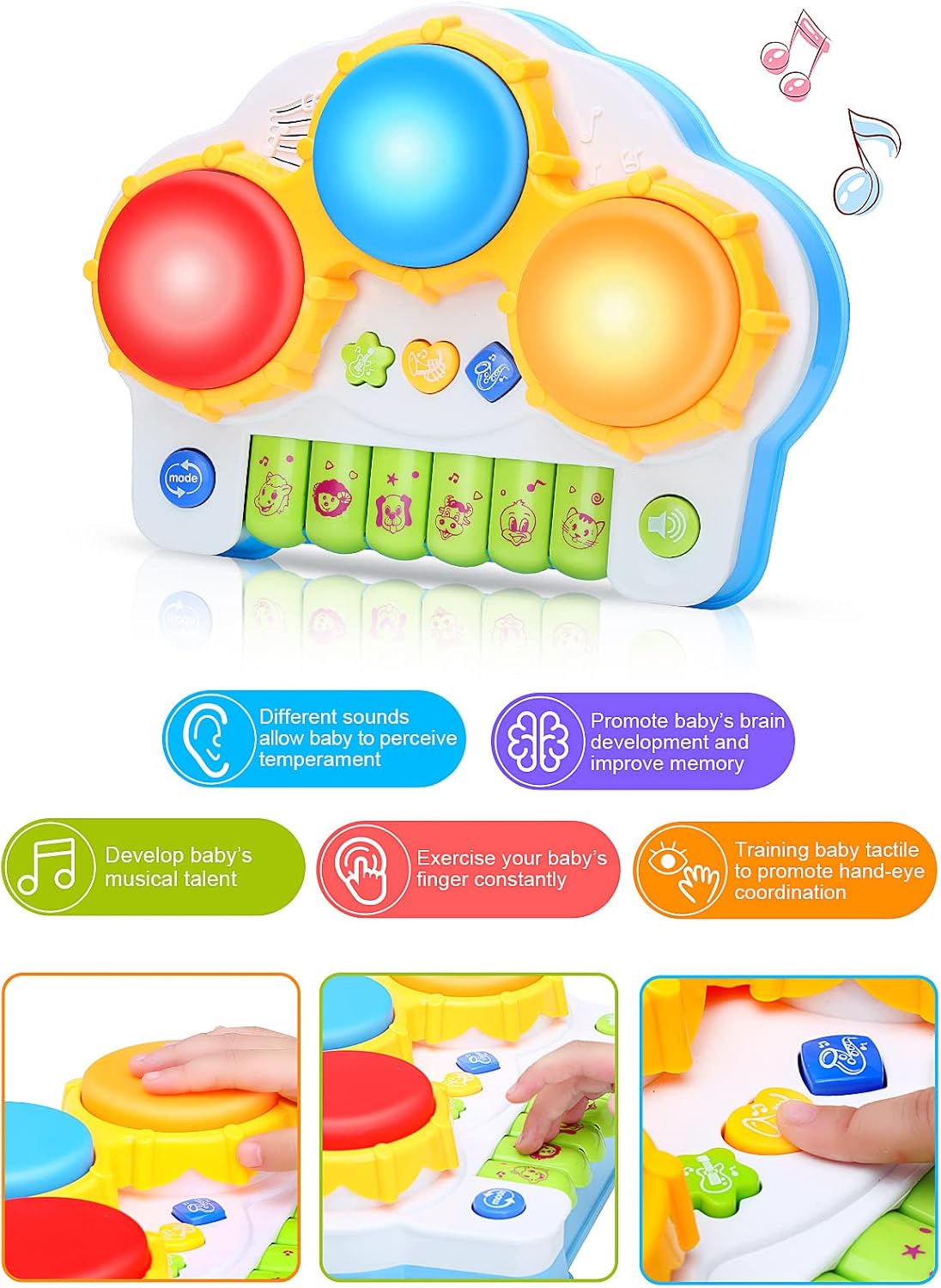 KingsDragon Baby Musical Keyboard Piano Drum Set,Learning Light up Toy, Early Educamional Montessori Toys for Babies Toddler Boys Girls Birthday : Musical Instruments