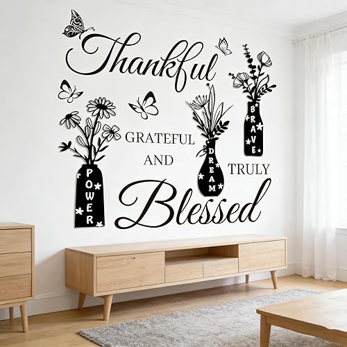 Thankful Grateful Blessed Wall Decal - Inspirational Quote with Floral Vase & Butterfly Stickers, Power Dream Brave Vinyl Wall Art for Living Room, Bedroom, Kitchen, Farmhouse Home Decor
