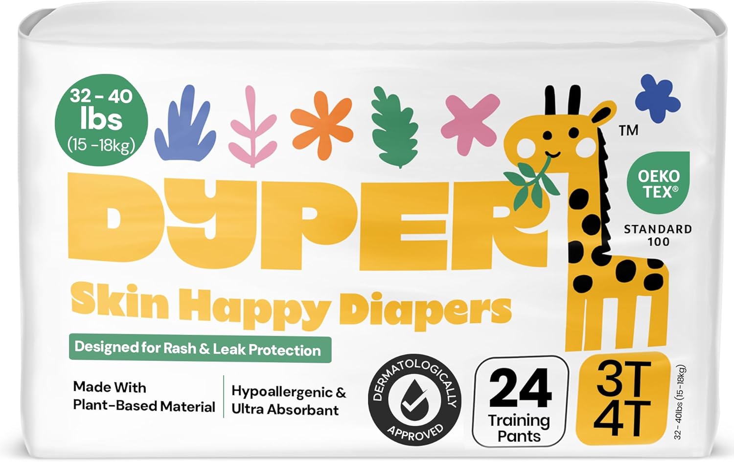 DYPER Toddler Training Pants 3T-4T for Boys & Girls Hypoallergenic, Unscented, Plant-Based & Perfect for Sensitive Skin, Leakproof Potty Training Pants for Day & Overnight Protection (24 Count)