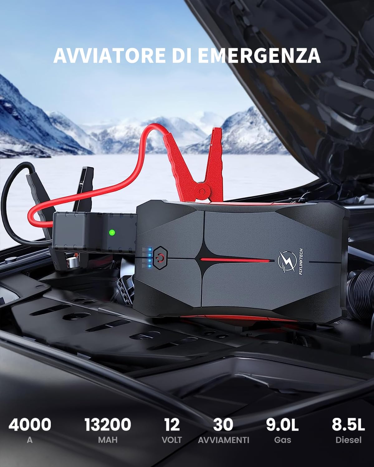 Avviatore Batteria Auto, FLYLINKTECH 4000A Avviatore di Emergenza per Auto/Moto(Fino a 9.0L Benzina/8.5L Diesel) 12V Starter Batteria Portatile Booster Avviamento con Torcia a LED IP67