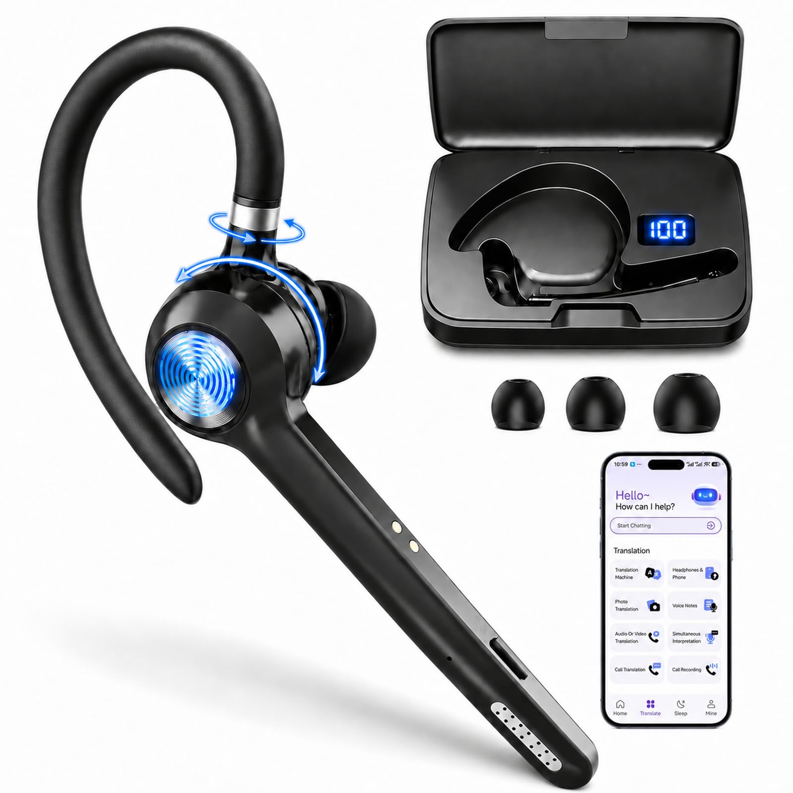 znp n06 single ear bluetooth headset with two-way call translation enc mic | call recording, one-click mute, 40h playtime, 100+ languages translator wireless earpiece for business office trucker driving
