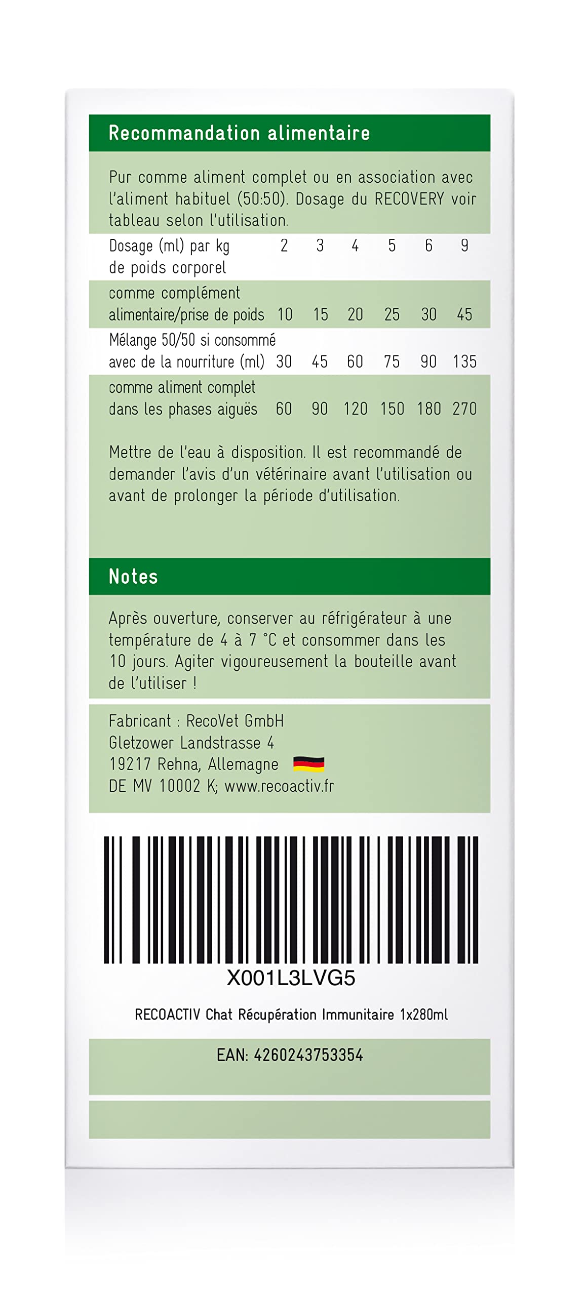RECOACTIV Recovery Immunitaire pour Chats, 1 x 280 ML, Alimentation diététique complète hautement calorique en Cas de dénutrition et de Convalescence Ainsi pour la Prise de Poids