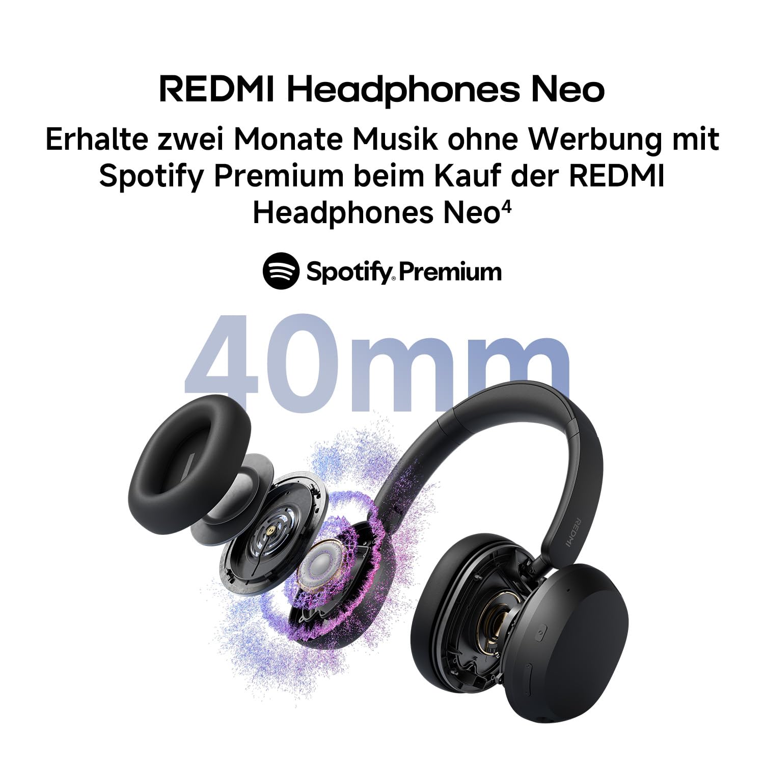 XIAOMI Redmi Headphones Neo Bluetooth Over-Ear-Kopfhörer, 42 dB Adaptive Aktive Geräuschunterdrückung, Kabellos, bis zu 72 Std. Akku, Hi-Res Audio, Power Bass, 3-Mikrofon-KI-Anrufe, Fast Pair, Schwarz