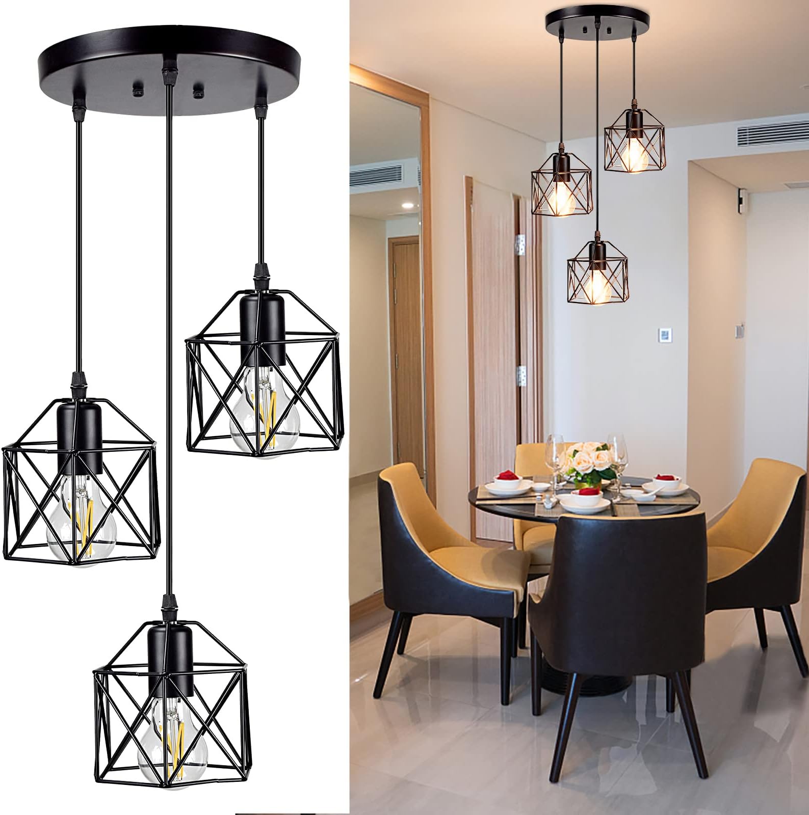 Depuley Hanging Pendant Lights, Vintage 3-Lights Ceiling Lamp, Industrial Flush Mount Ceiling Lighting Fixture, Black Geometric Ceiling Hanging Lamp for Kitchen, Dining Room, Hallway, Doorway