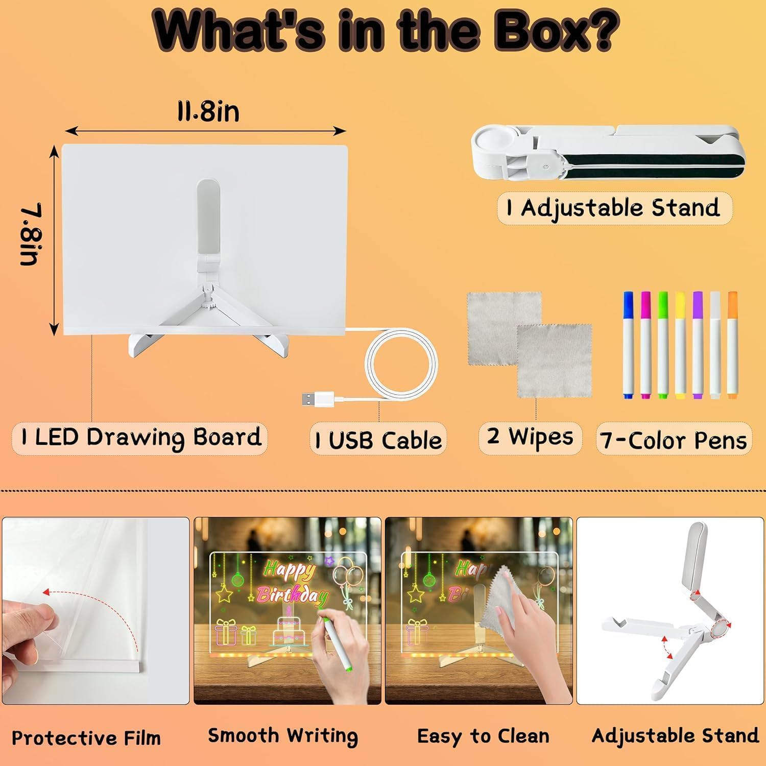 Rechargeable Led Drawing Board For Kids, 11.8*7.9" Dry Erase Board, 4 Modes &7 Colors Glow Doodle Note Board, Include Hanging Chain, 2 Stands, 8 Markers, Spray Bottle, Cleaning Cloth, Valentines Gifts
