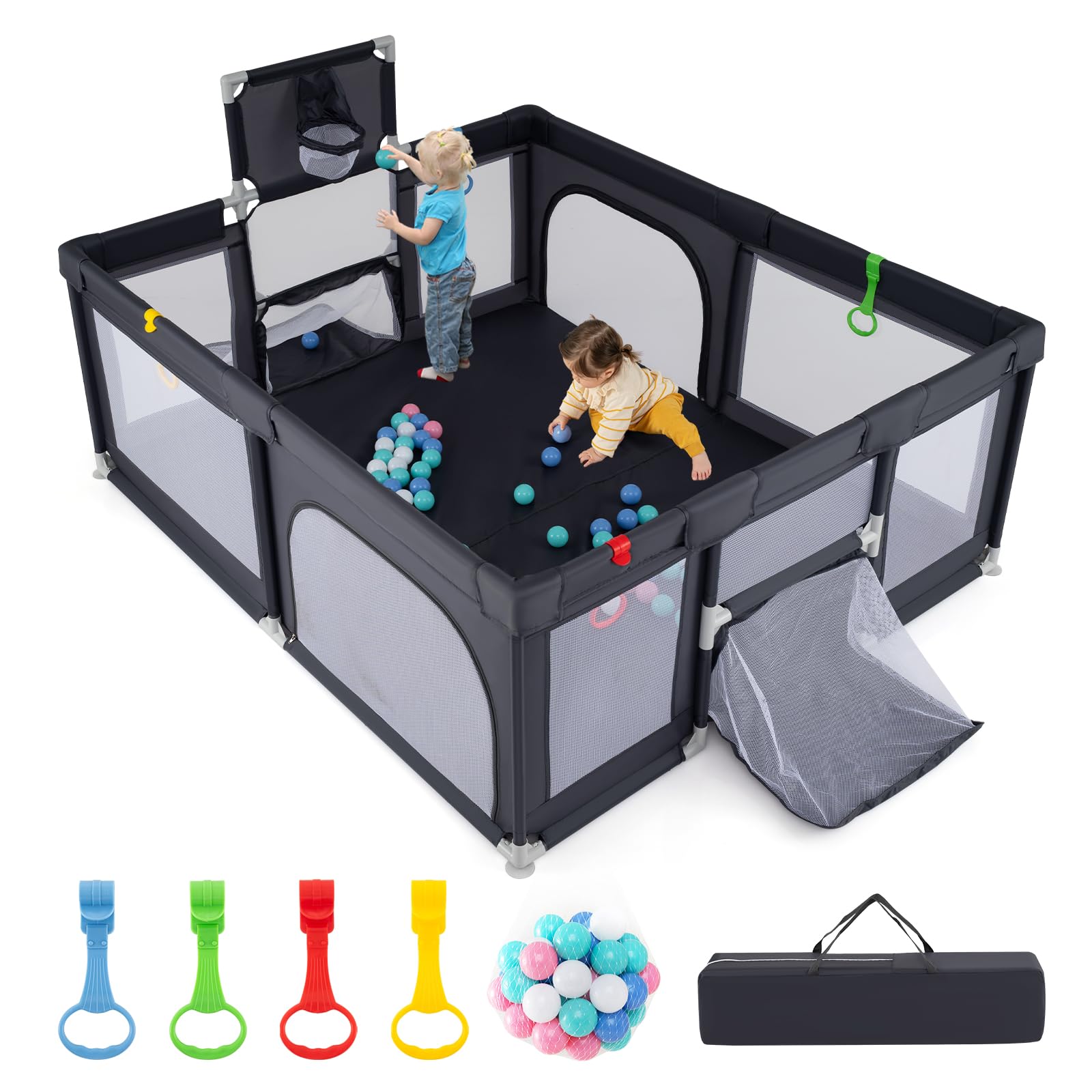 COSTWAY 188 x 157cm Laufstall Baby Faltbar, Laufgitter mit Basketballkorb, Fußballnetzen, 50 Ozeanbällen & Griffen, Krabbelgitter mit atmungsaktivem Netz, Tragetasche (Dunkelgrau)