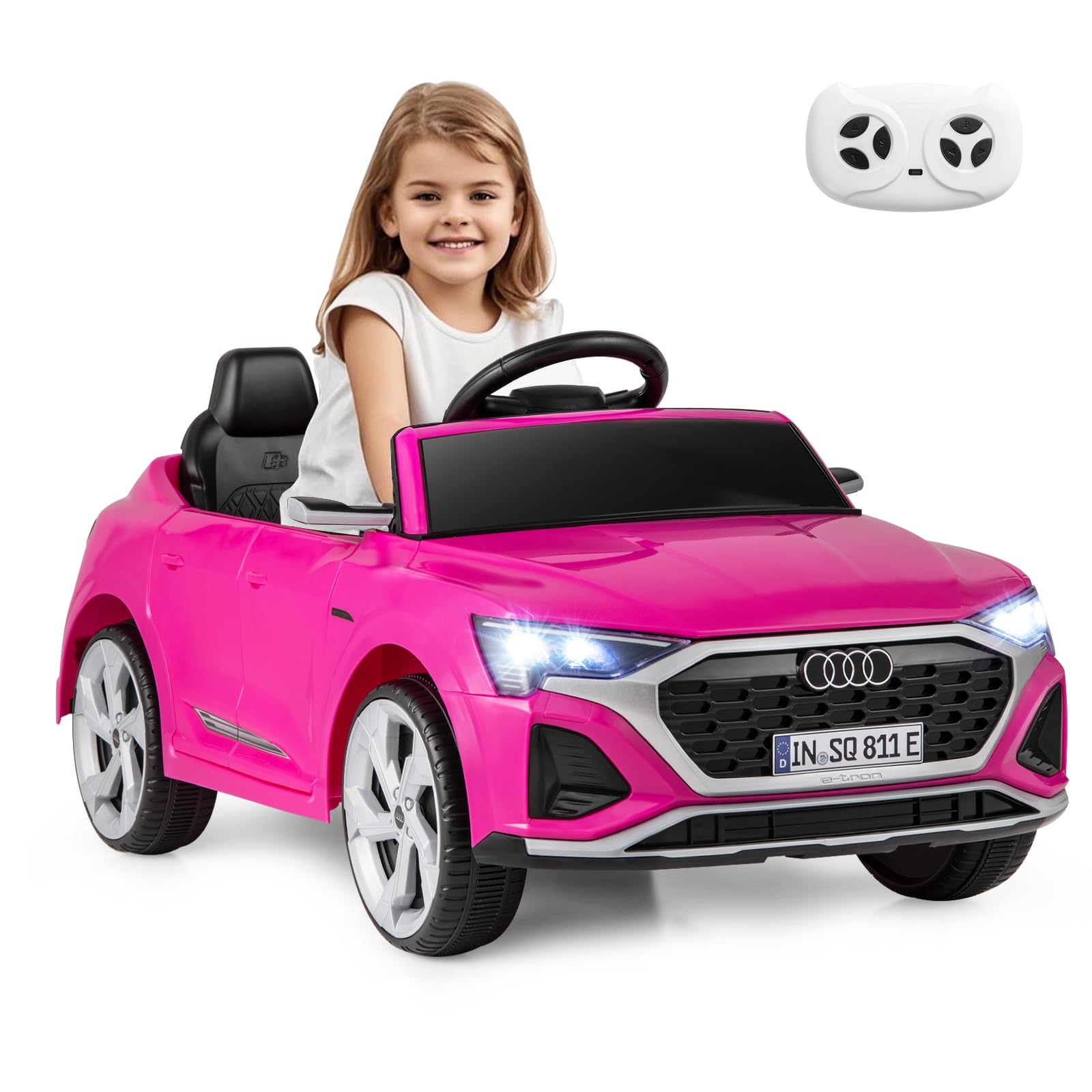 Maxmass 12V Kids Electric Car, Battery Powered Licensed Audi Toy Cars with Remote Control, LED Headlight, Music, Horn, Soft Start, Children Electric Ride on Vehicle for 3+ Years Old Boys Girls (Pink)