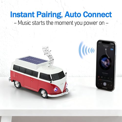 Miniatura 2 de Altavoz solar portátil Bluetooth para automóvil, diseño retro de autobús con sonido estéreo HD, luces LED de fiesta, ruedas móviles, altavoz