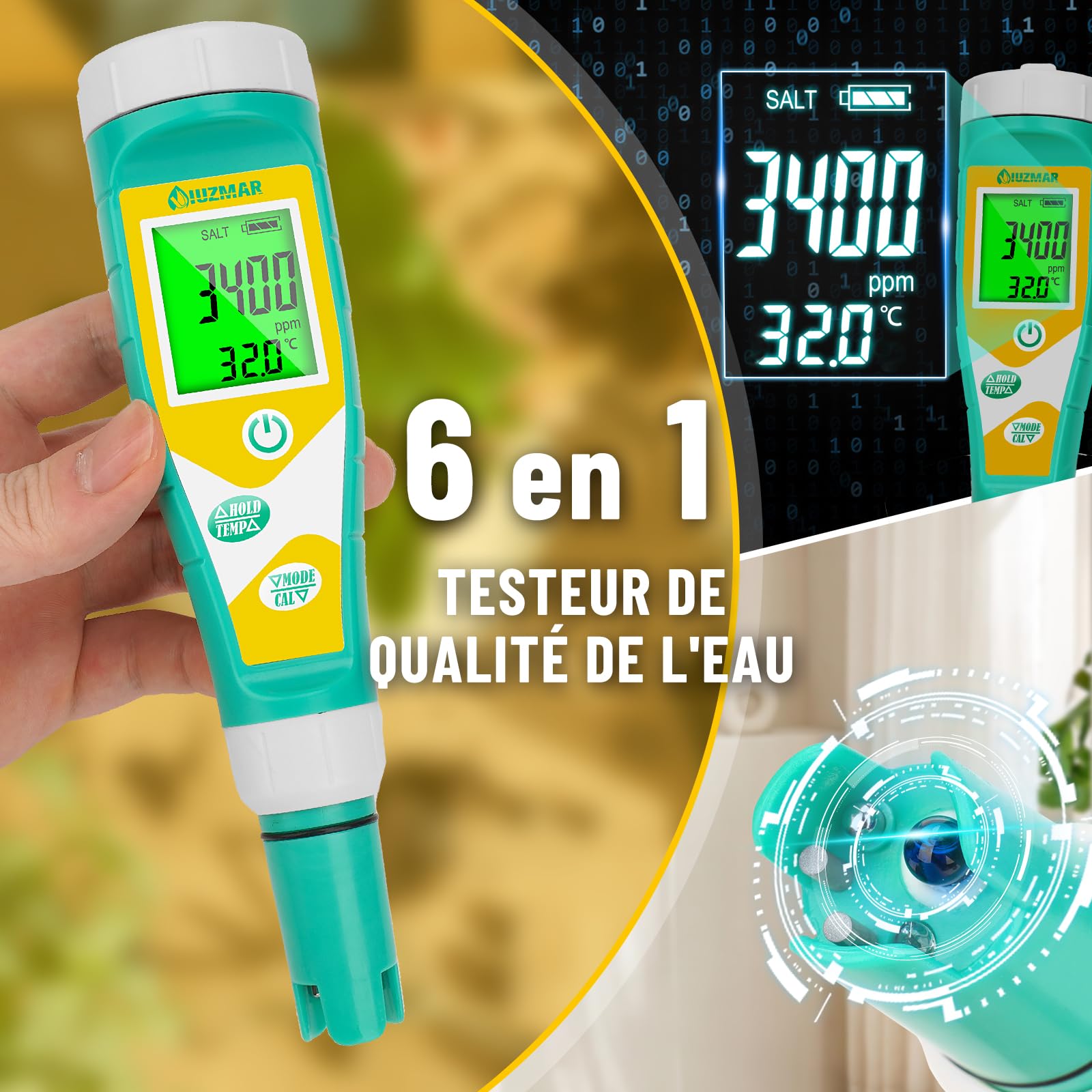 UIUZMAR Testeur de Sel pH Mètre pH ORP Mètre Précis et Constant | 6 en 1 pH, Salinité, ORP, TDS, EC, Temp Testeur de PPM et EC pour L'hydroponie, les Aquariums, les Piscines