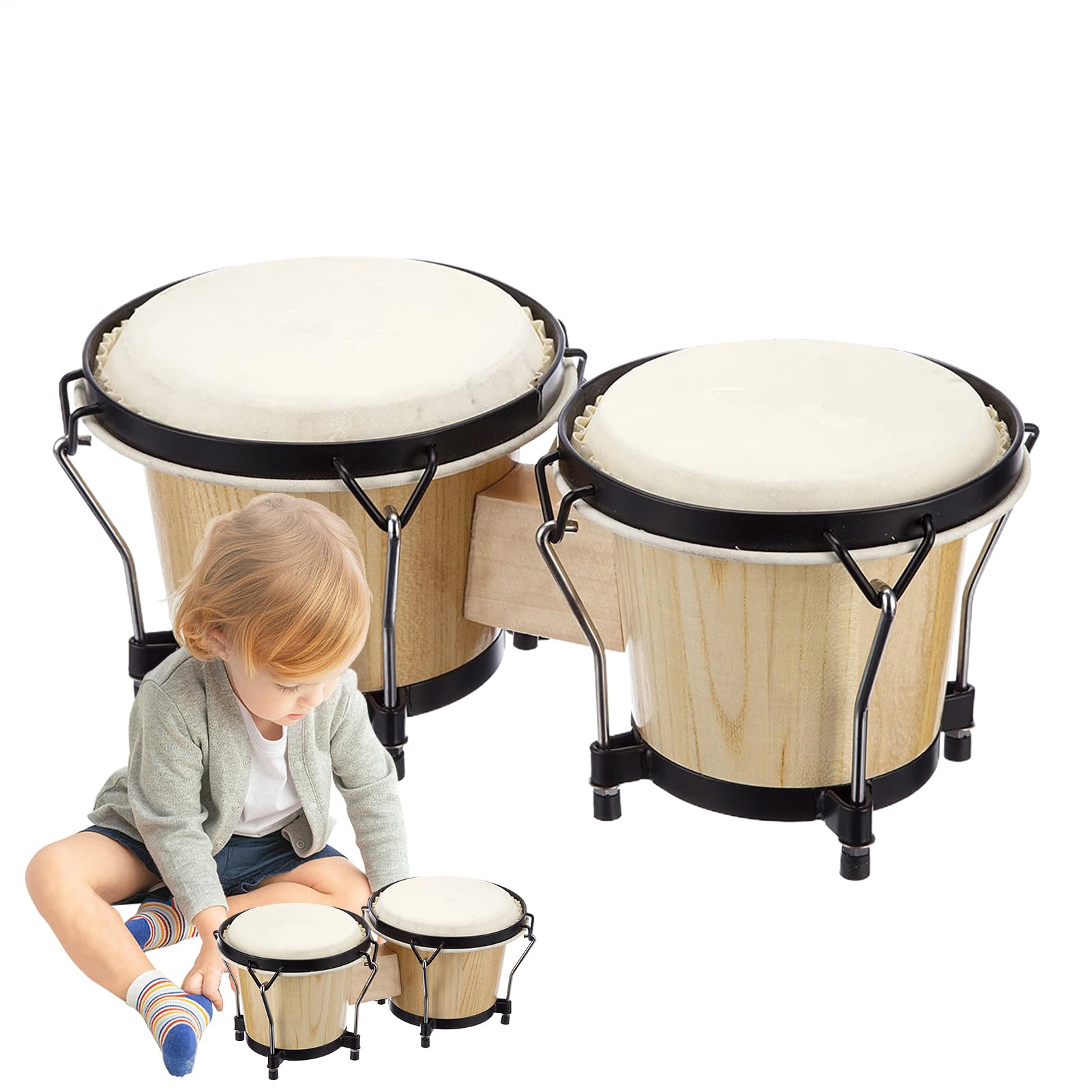 Tambores de Bongó de Madera Tambor Educativo de Percusión de Madera | Bongos de Madera para Ritmo y Aprendizaje Musical Pequeño ligero portátil rítmico educativo juego bongó percusión familiar