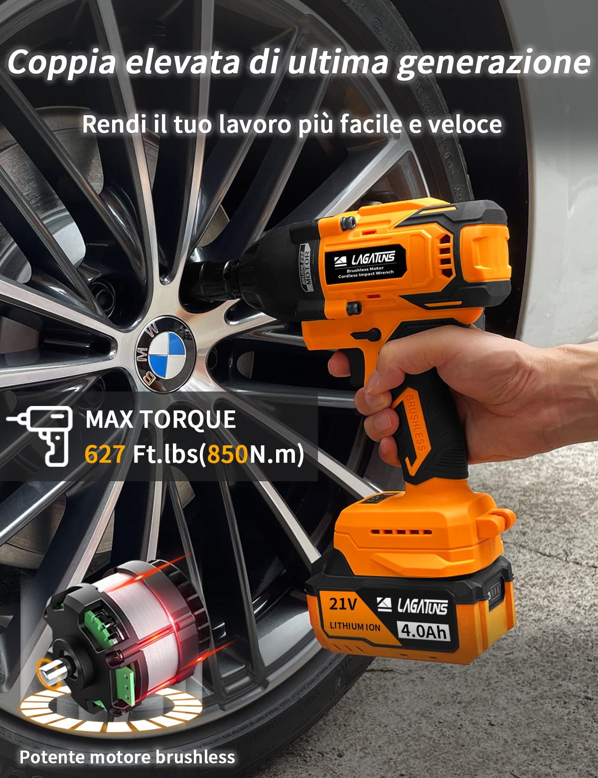 Lagatuns Avvitatore a Impulsi, coppia elevata 850N.M(627F-lbs).2200 giri/min, motore senza spazzole, con batteria agli ioni di litio da 4.0 Ah,Mandrino 13mm (1/2"),adatta per auto di famiglia
