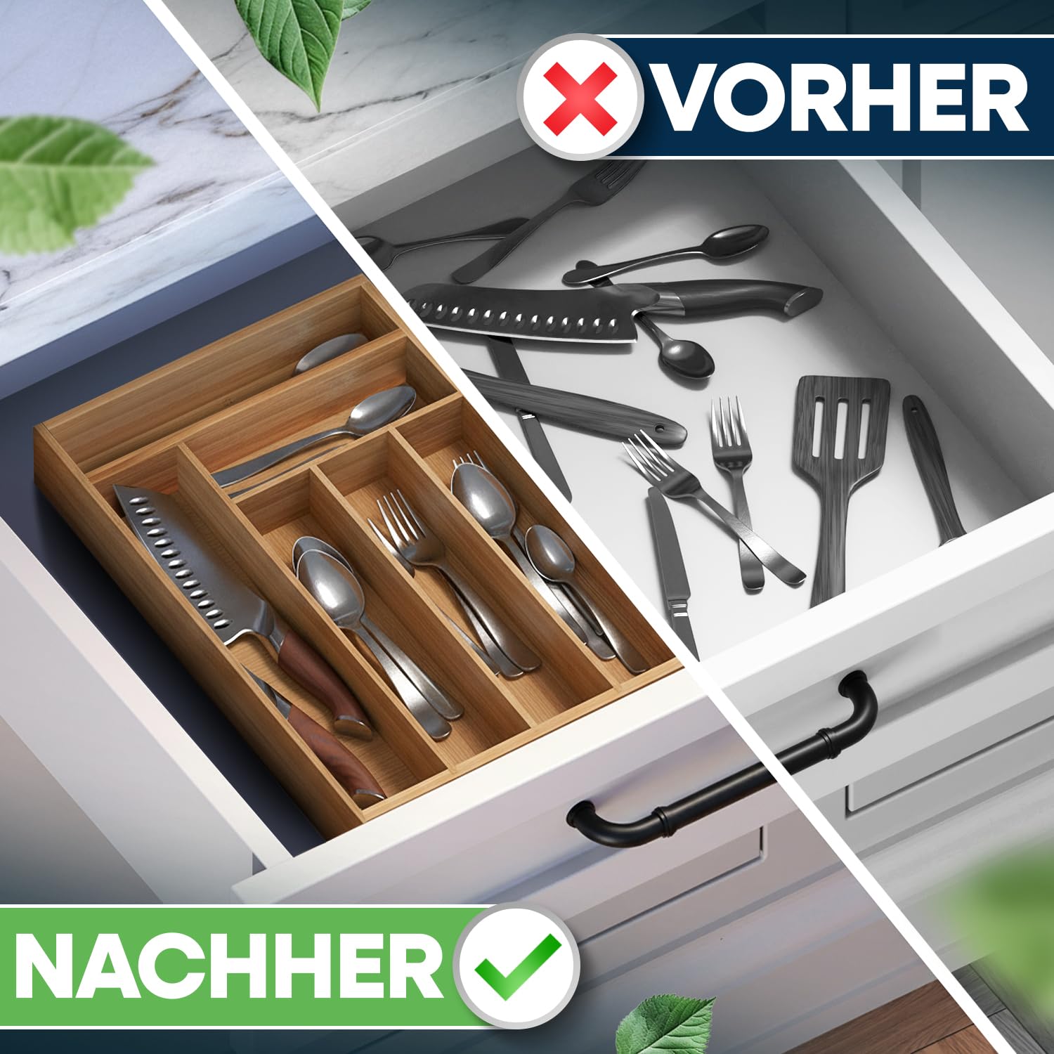 Loco Bird Besteckkasten für Schubladen aus Bambus 6 Fächer - 25,5x35,5x5cm Besteckeinsatz für Schubladen verstellbar - Besteck Organizer Küche Holz - Schubladeneinsatz Küche - Cutlery Organizer