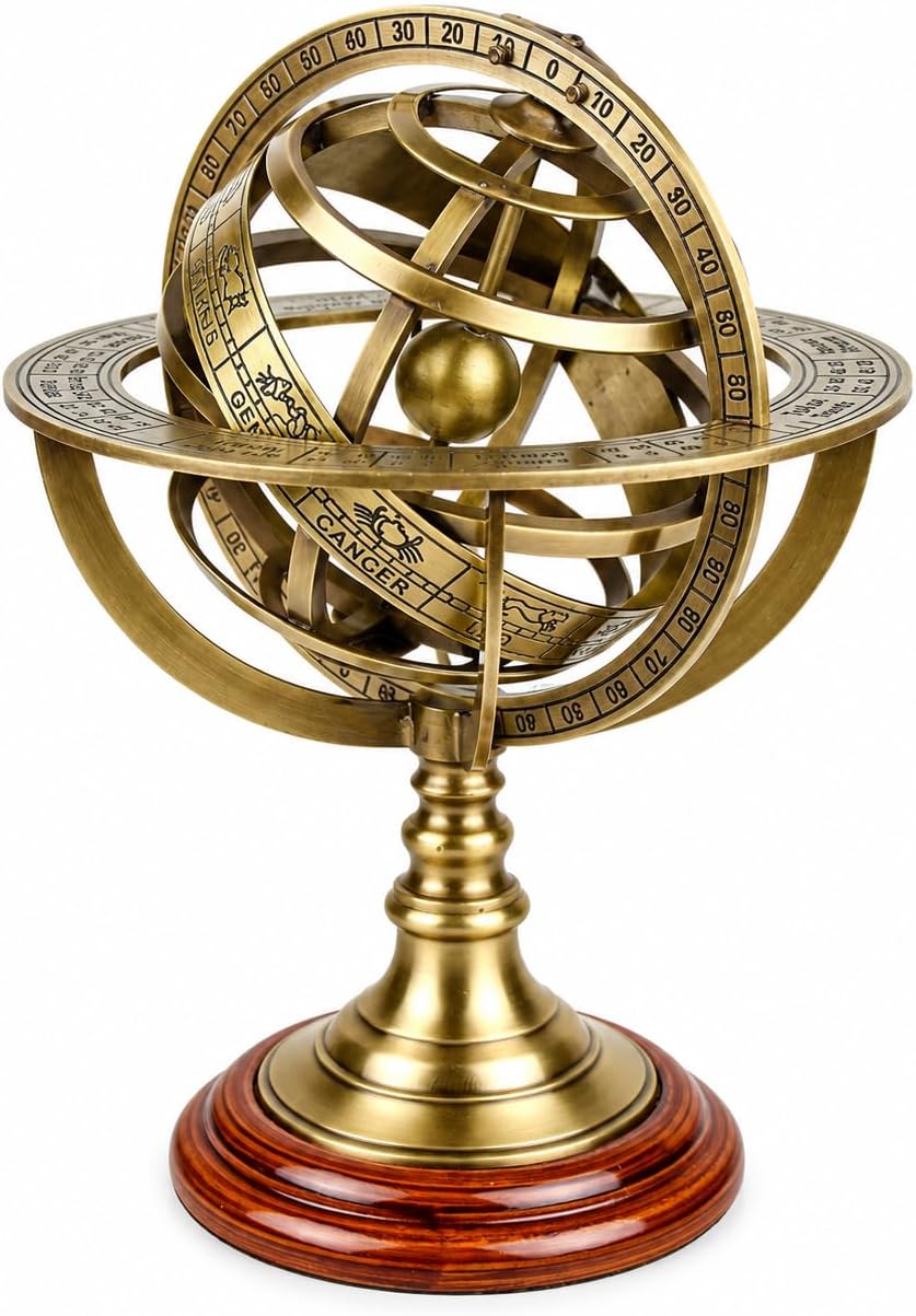 Antique Vintage Zodiac Armillary Brass Sphere Globe Wooden Display | Pirate's Antique Ship Decor | Nagina International (Medium, Antique Brass)