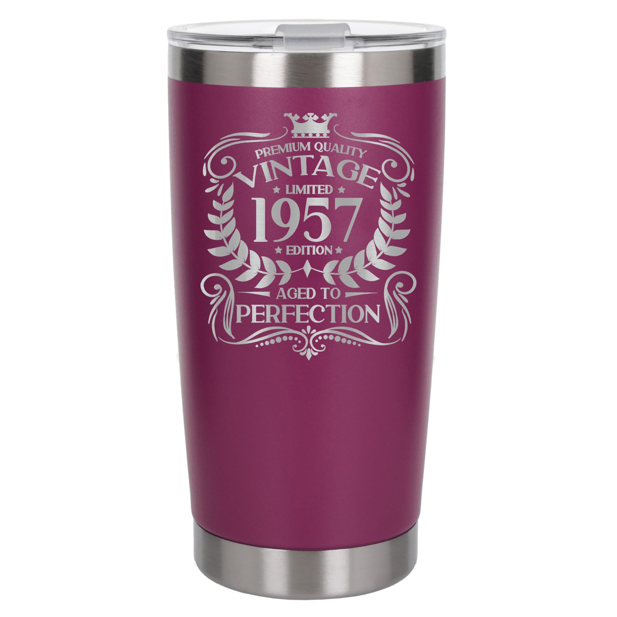 Always Looking Good 69th Birthday Gift Vintage 1957 Aged to Perfection Engraved Insulated Travel Mug Present for 69 Year Old Dark Pink Thermal Coffee Flask Travel Mugs with Lids — image 1