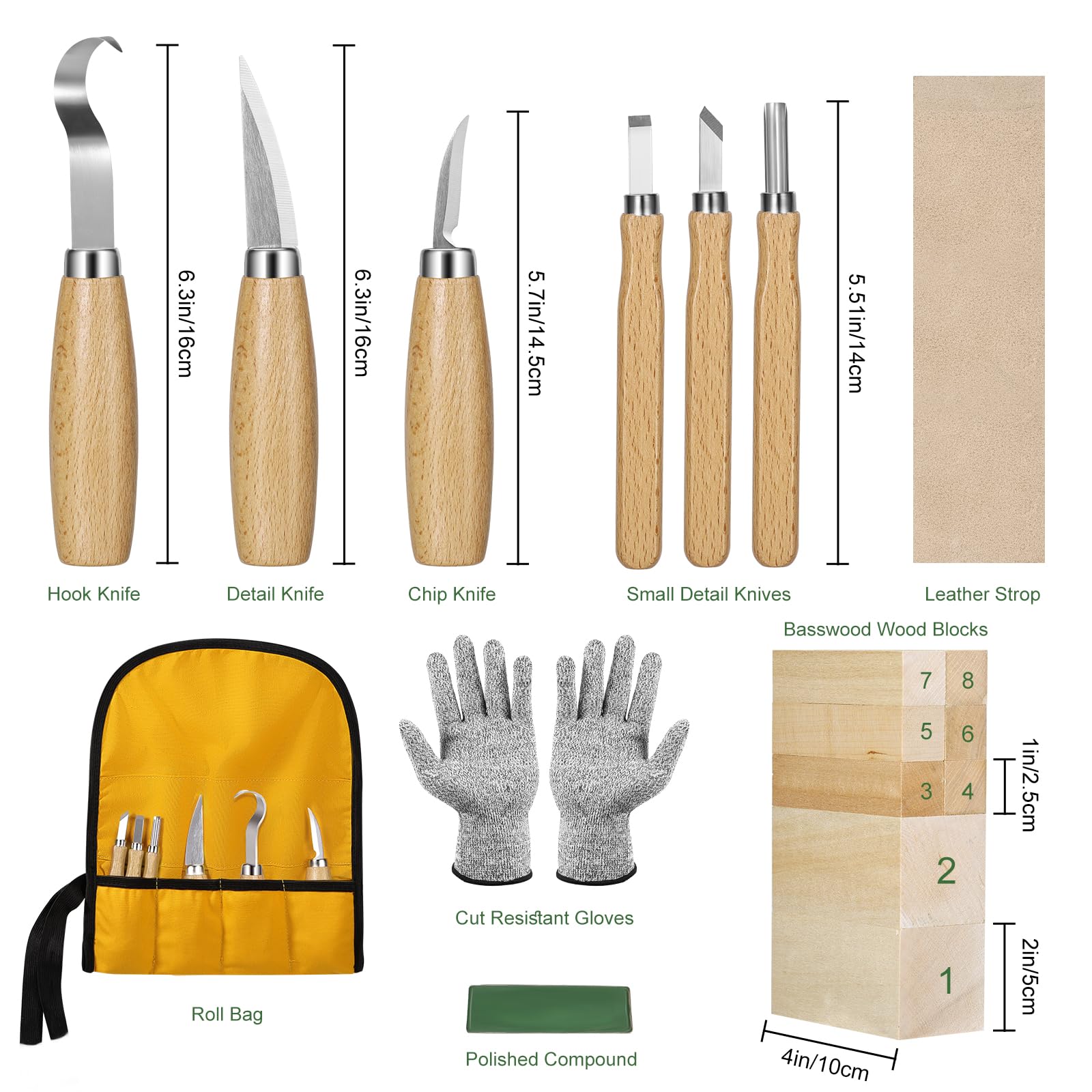 Kit d'outils de sculpture sur bois 18 en 1 pour adultes, enfants, débutants, 8 blocs de sculpture en bois de tilleul, kit de sculpture sur bois avec 6 couteaux de sculpture pour bois, taille-crayon