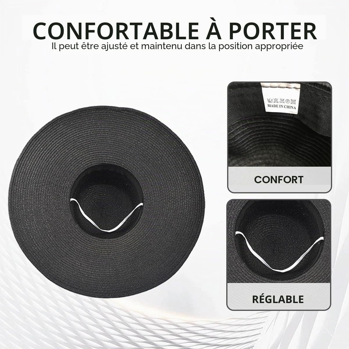 VASANA Chapeau de femme à large bord pour jardin, plage, chapeau de soleil estival, chapeau large noir, Noir, 23