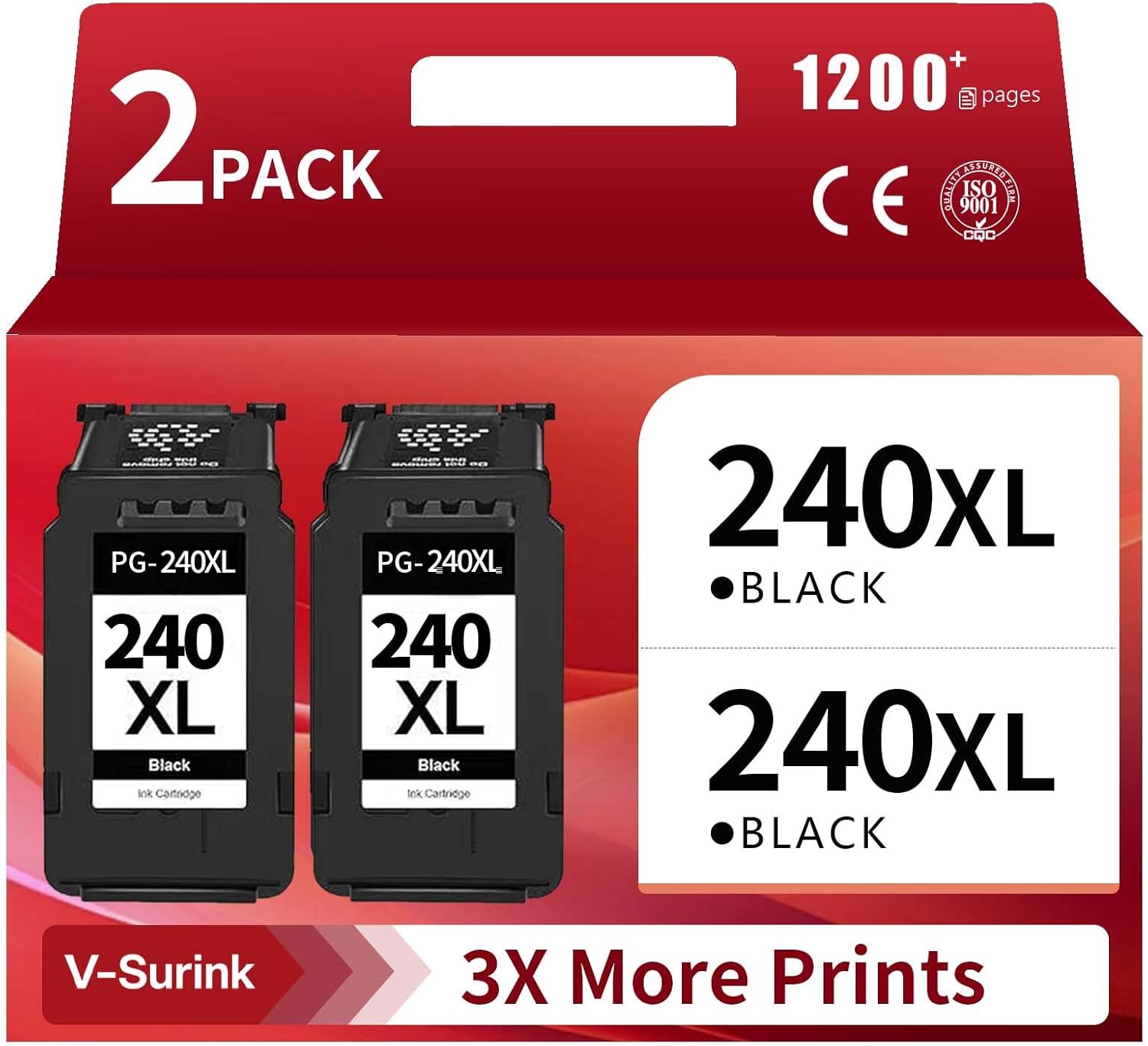 240XL Black Ink Cartridge 2 Pack High Yield Upgraded Chip Superior Print Quality Compatible for Canon PIXMA MG3620 MG3600 MG3520 TS5120 MG2120 MX472 MX452 MX512 MX532