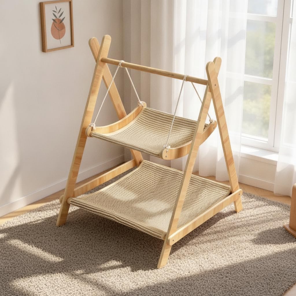 Amaca Gatto in Legno Sisal e Cuccia, Tiragraffi per Gatti Adulti, per il riposo, Amaca per gatti in legno, design a dondolo, doppio strato con superficie in sisal