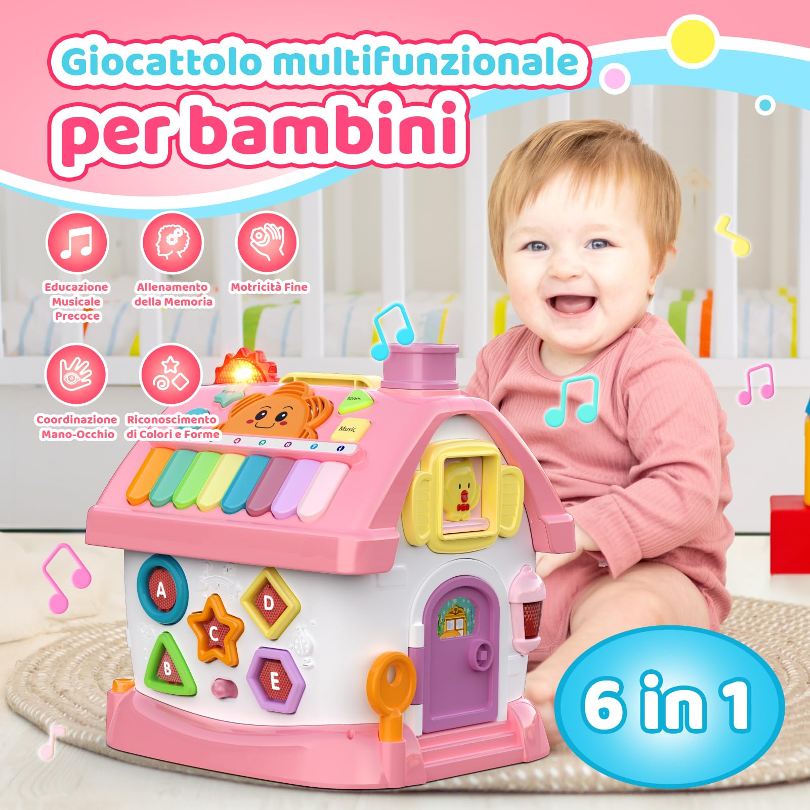 Giochi Montessori 1 Anno: 6 in 1 Giocattoli Bambini Multi-Attività con Musica/Orologio/Luci/Telefono/Auto, Gioco Bambino Educativo per 18 Mesi, Regalo Compleanno per Bambina 1 2 3 Anni (Rosa)