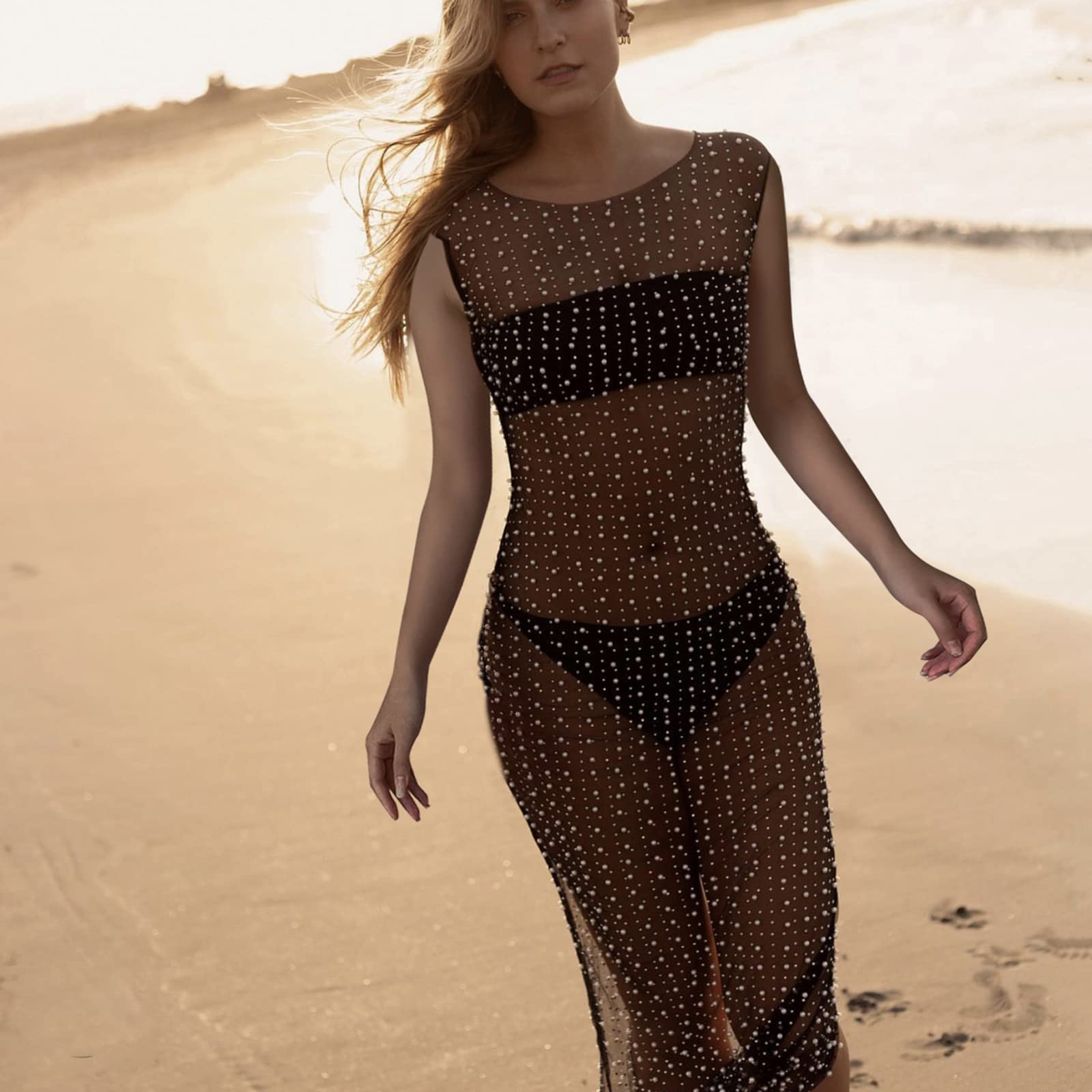 Chloefairy Vestido de malla con diamantes de imitación para mujer, vestido sexy y transparente para traje de baño, traje de baño, ropa de playa