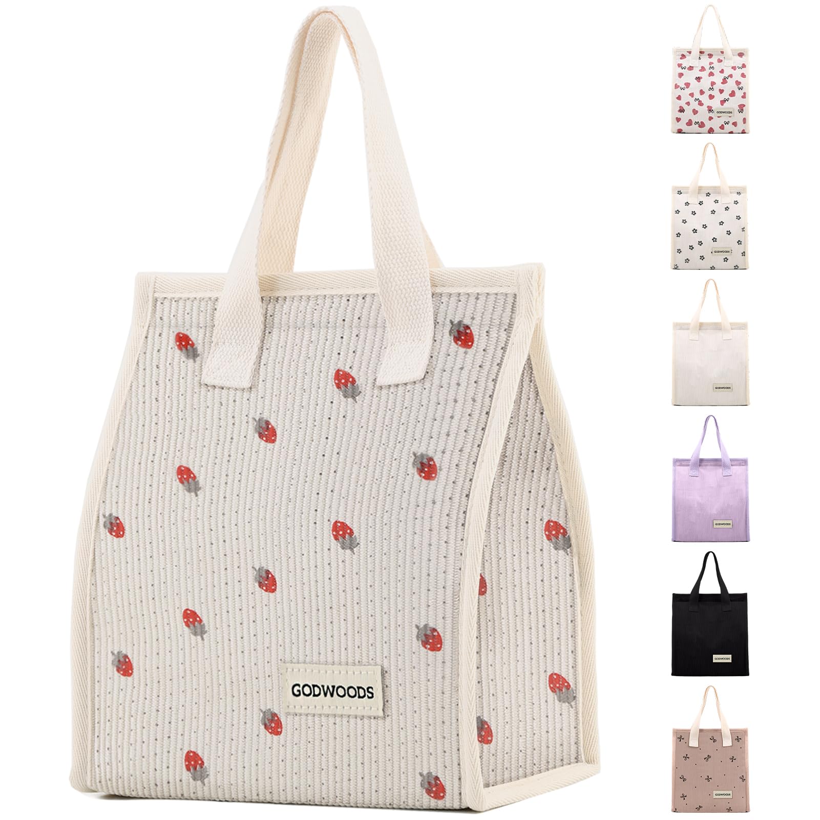 GODWOODS Lunch Bag for Women Men Cute Corduroy Lunch Tote Bags Reusable Insulated Lunch Box Large Capacity Reusable Insulated Cooler for Work Picnic or Travel (Corduroy Strawberry) — image 1