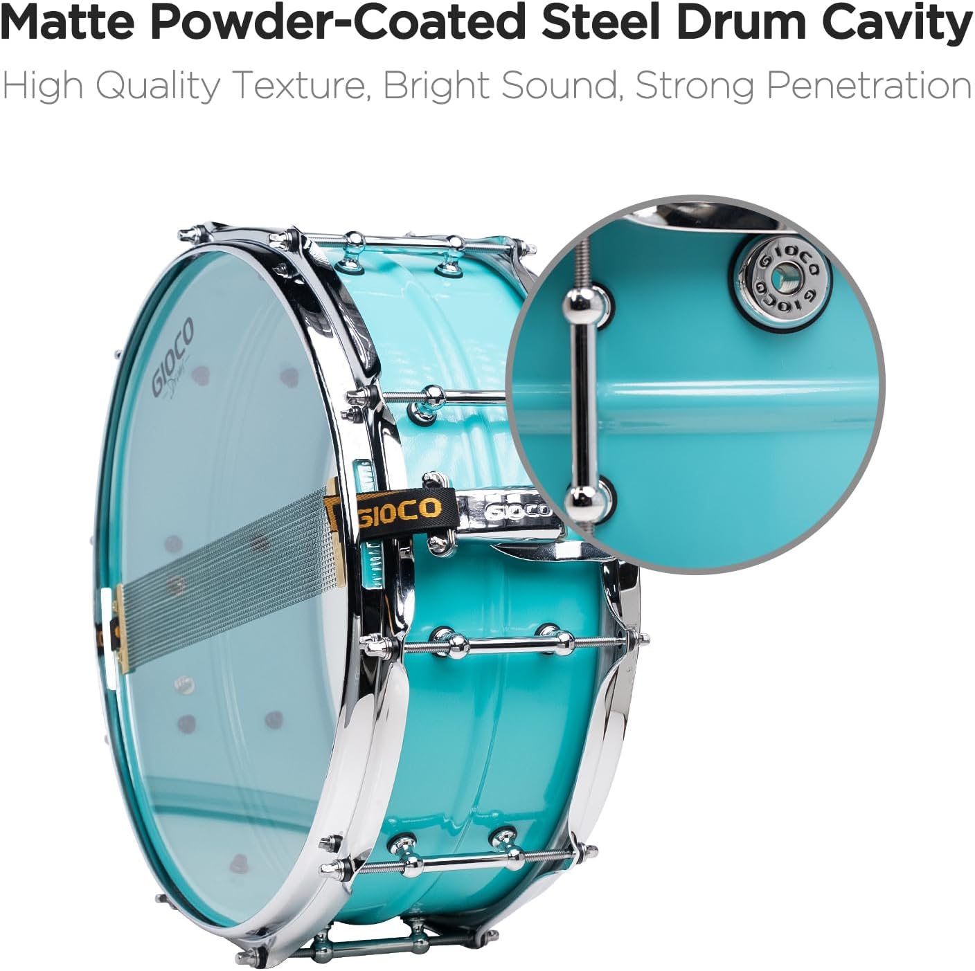 GIOCO Snare Drum 14" x 5.5", Marching Snare Drum with Jellyfish Green Matte Powder-Coated, Snare Throw Off, Vintage Bronze Columns & Carbon Steel Snare Wires, Steel Drum Shell for Drummer, Adult