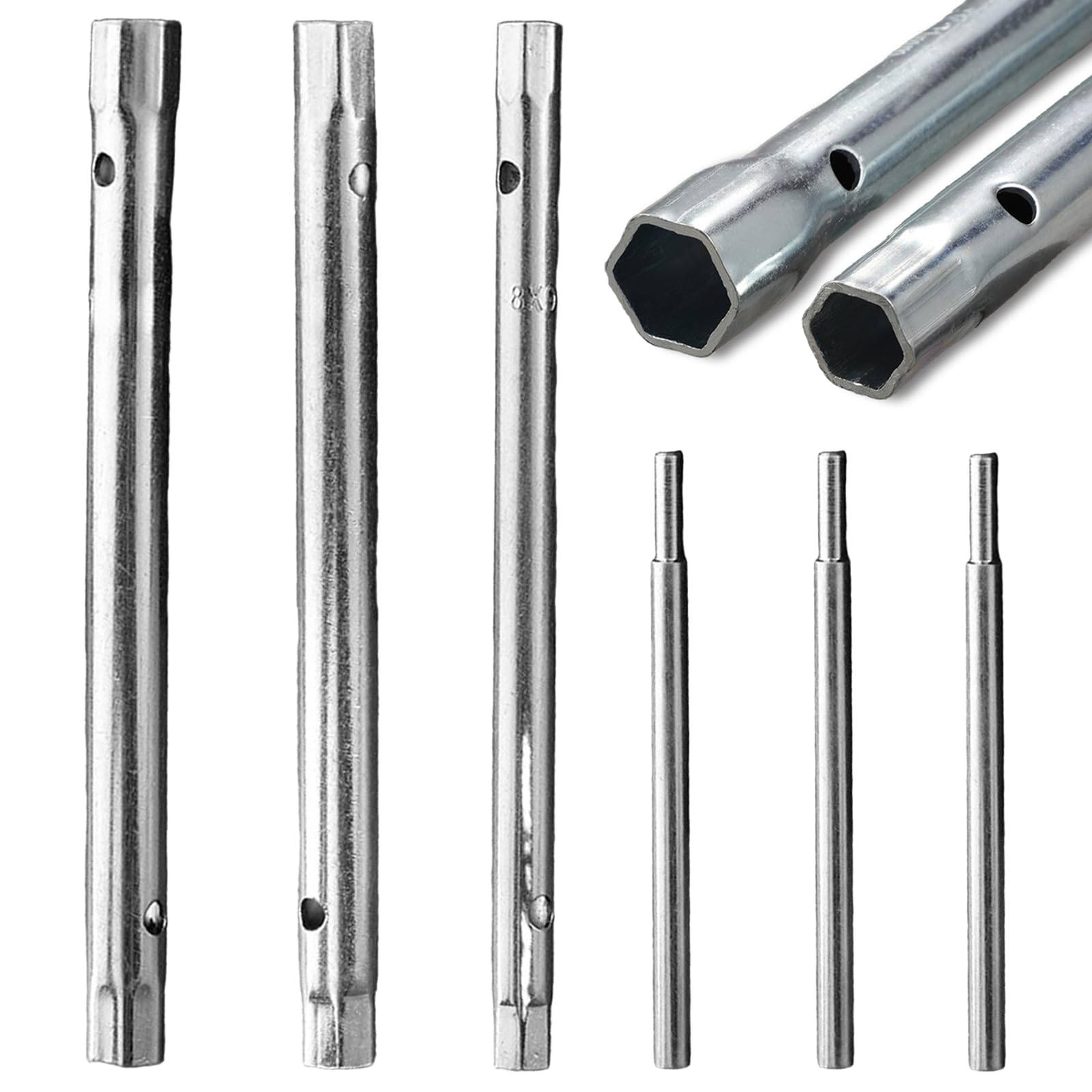 pozuauoa 6 PCS Box Spanner Set, 8.3-9.3mm 10.3-11.3mm 12-13mm Monoblock Tap Spanner Set, Basin Wrench for Bath Kitchen Under Sink Tap, Tap Tightening Tool with Tommy Bar