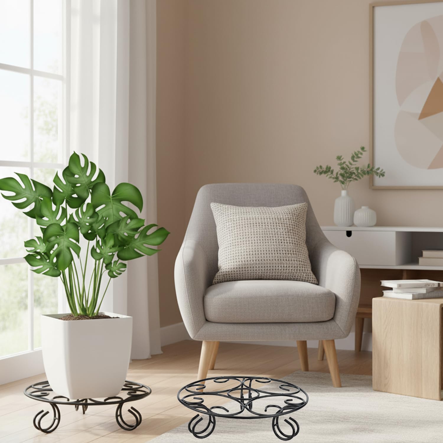 ORILEY Metal Round Pot Stand Indoor Outdoor Corner Decor Display Portable Rack Shelf Holder Flower Plant Gamla Support for Balcony Terrace Garden Living Room Home (Black, Pack of 2)