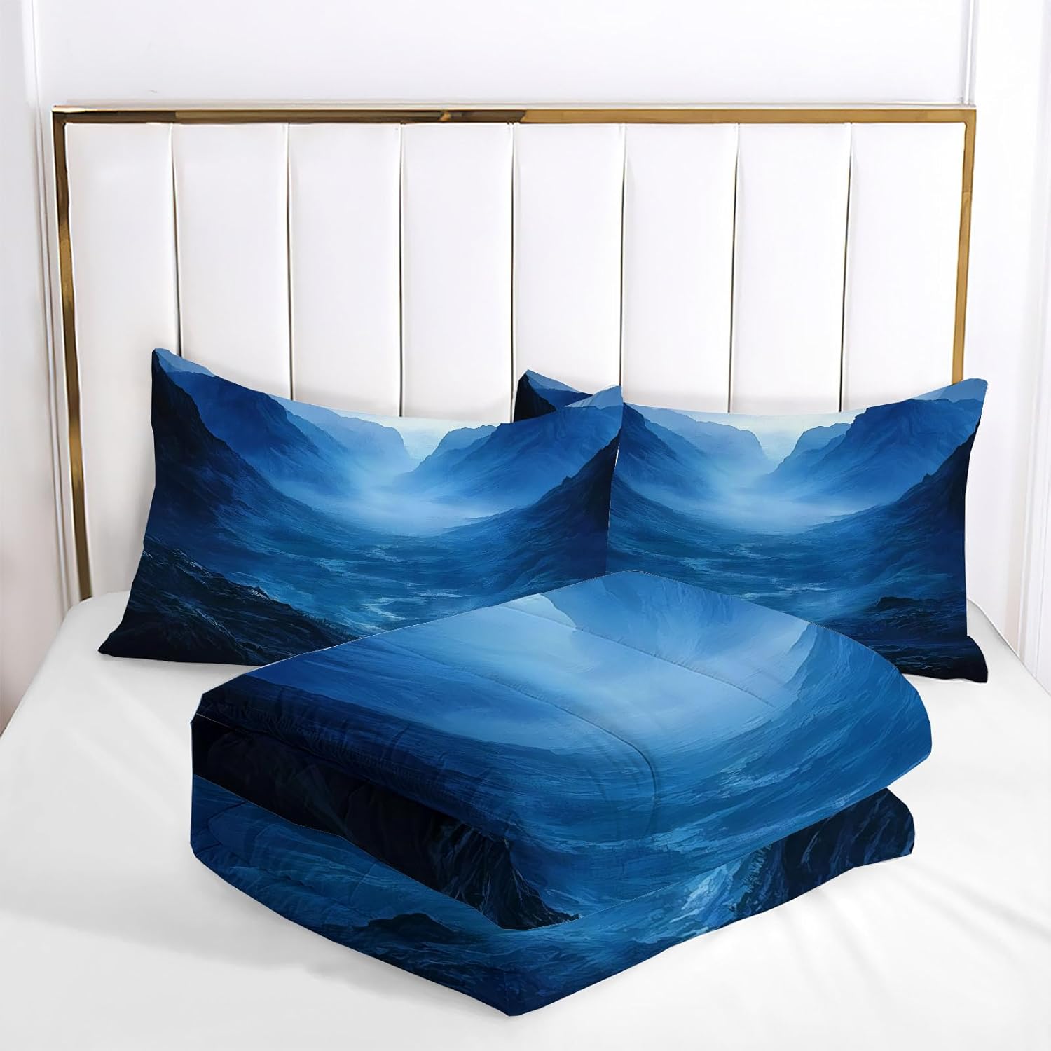 3D Misty Valley Comforter Set Queen Size Bedding Set Magic Mountains All Season Down Comforter Printed Quilted with 2 Pillow Shams for Kids, Teens, Adults 90 x 90in Dark Blue