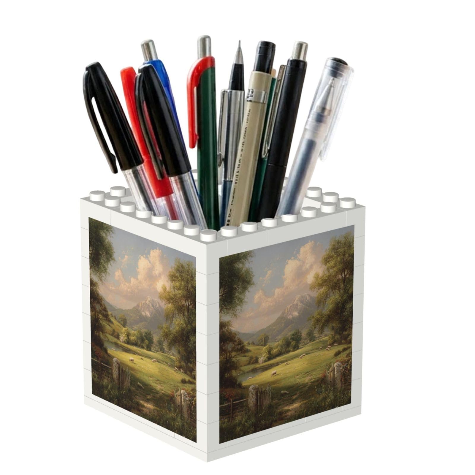 ESNAIUVCD Pastoral Scenery Print Building Block Pen Holder - Pencil Holder For Desk/Classroom,Desk Accessories, Multifunctional Office Supplies Pen Organizer Pencil Cups(2pcs)