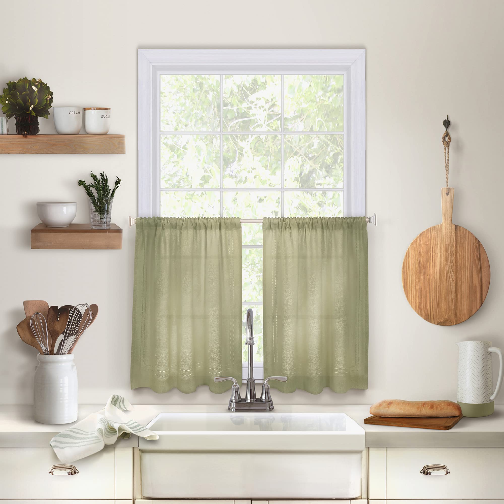 Elrene Home Fashions Cameron Linen Tier Curtains, 30" W x 24" L Each (Set of 2 Tiers), Sage Green