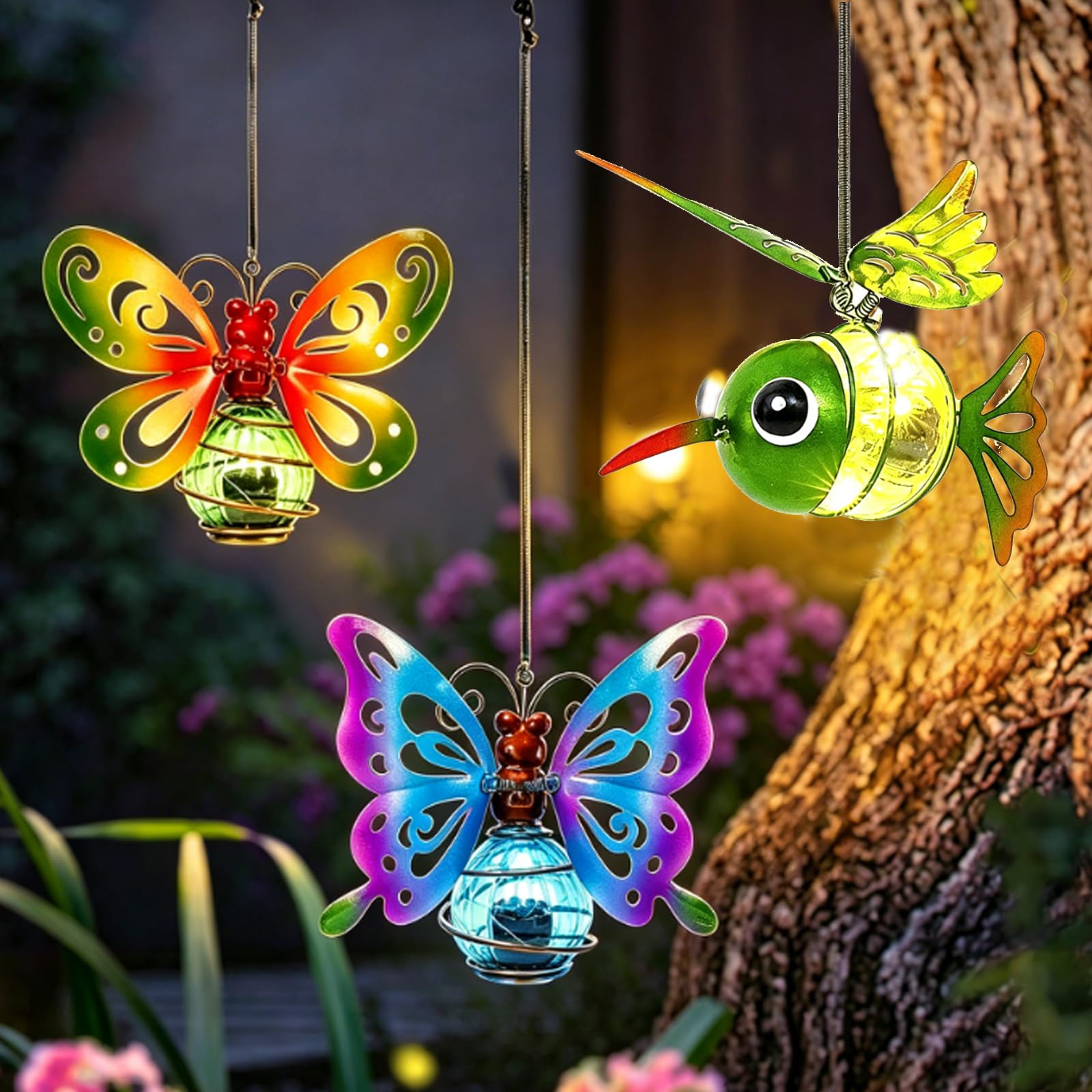 3Pcs Hanging Solar Butterfly & Hummingbird Lights, Outdoor Garden Decor with Metal Art, Solar Powered Yard Decoration for Patio Porch Backyard Fence, Waterproof Hanging Lantern Gifts for Women Mom