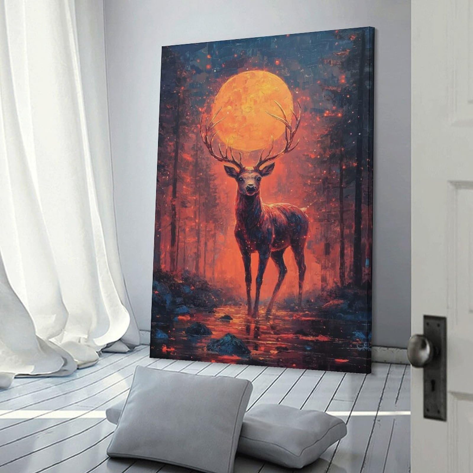 Junmoney Frame-Style-14 Canvas Art Print Stag Under Blood Moon, 20X30inch(50X75cm), For Office, Study Or Home Workspace, Wall Art That Adds Style To Work Areas