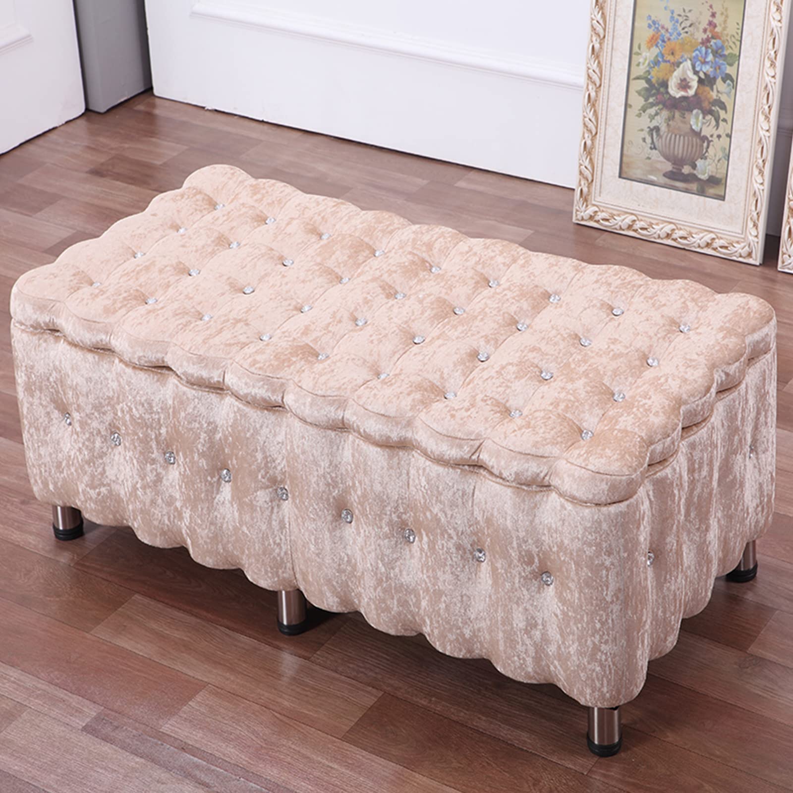 Banc de rangement ottoman en velours champagne 90cm avec pieds métal