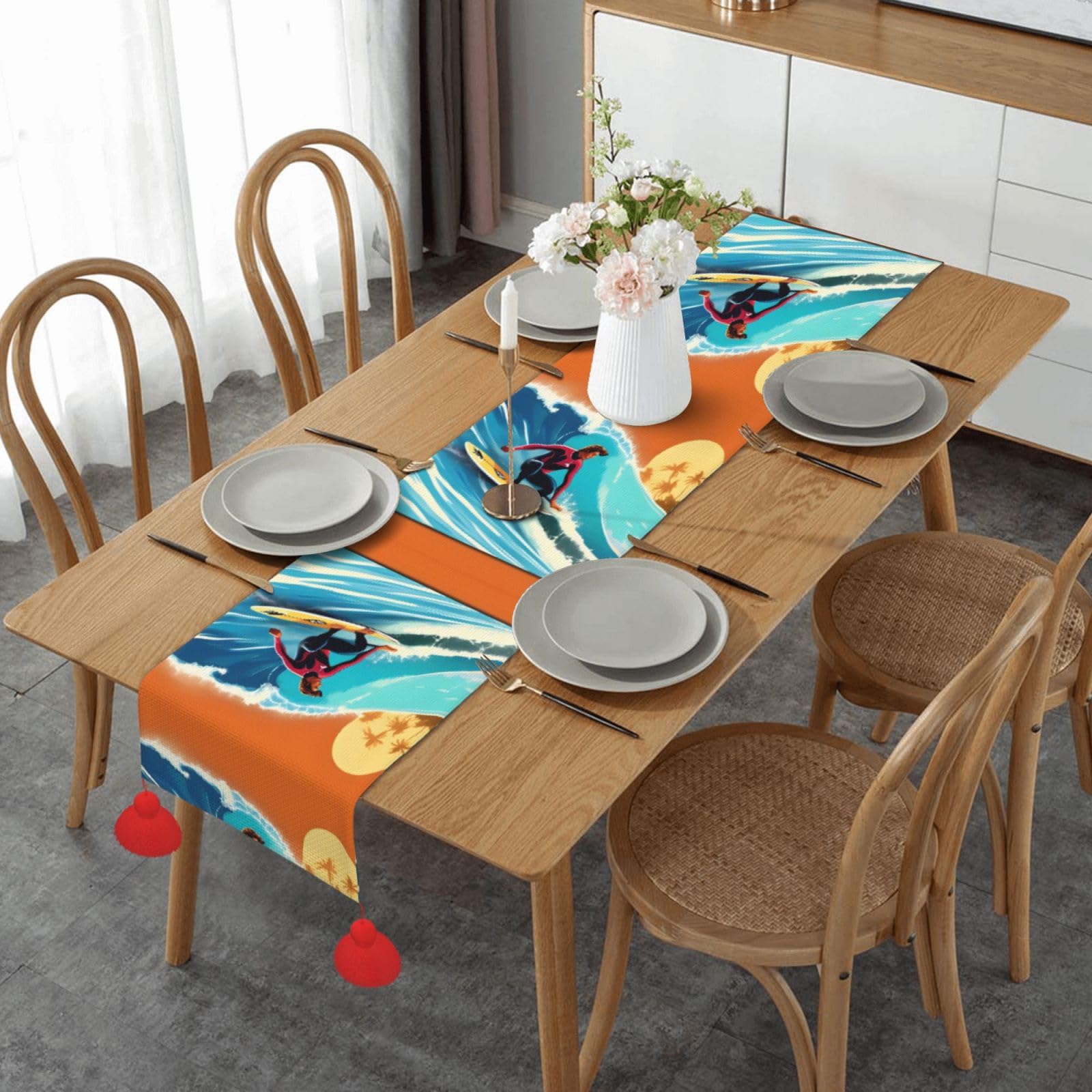 Chemin de table imprimé hawaïen ondulé pour table à manger et mariage rustique