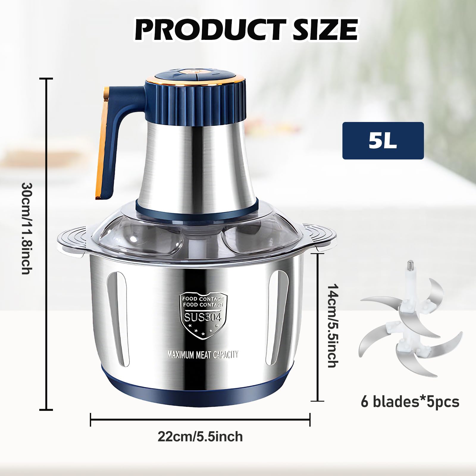 Tritatutto Elettrico 5L - Frullatore Tritacarne Elettrico con Ciotola in Acciaio Inossidabile, 5 Velocità e 6 Lame in Acciaio con 5 Set di Lame per Carne, Verdure e Frutta