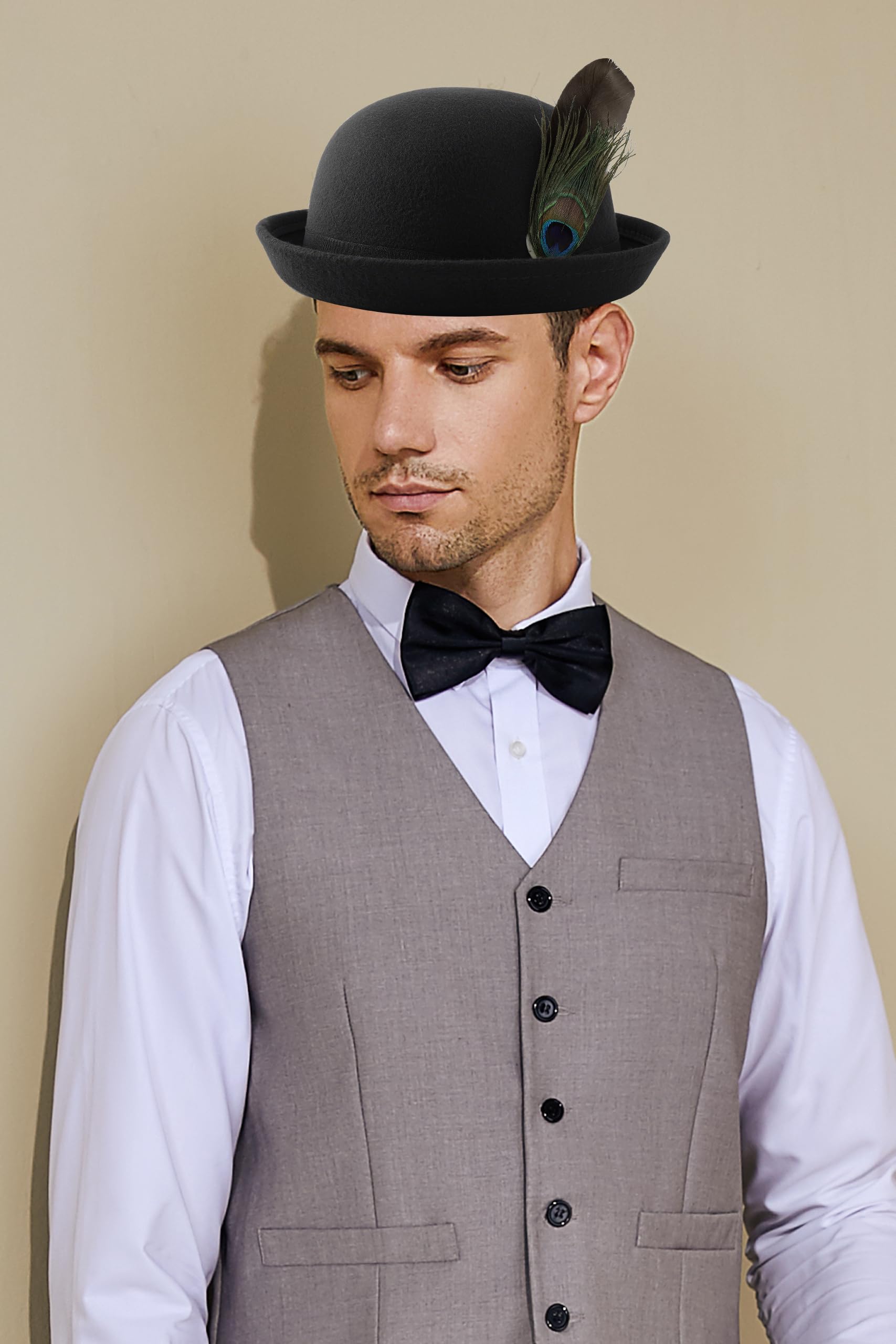 BABEYOND Derby Bowler Hat for Men-Women Short Rolled Brim Fedora Hat with Feather Formal Casual Black