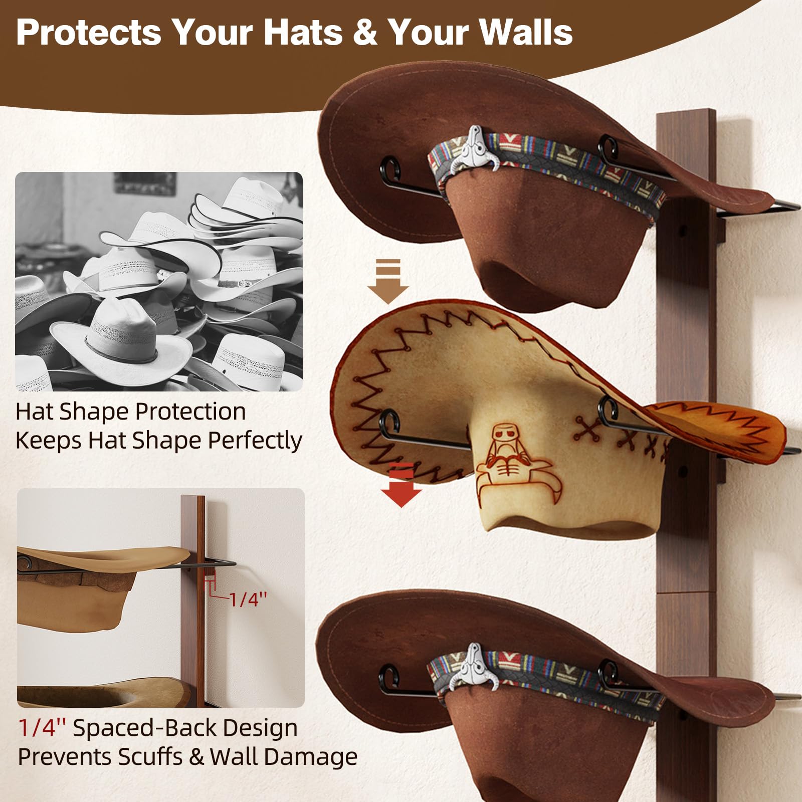 Porta Cappelli da Cowboy - 6 Pezzi Con Bordo in Legno, Organizer da Parete in Metallo per Collezione